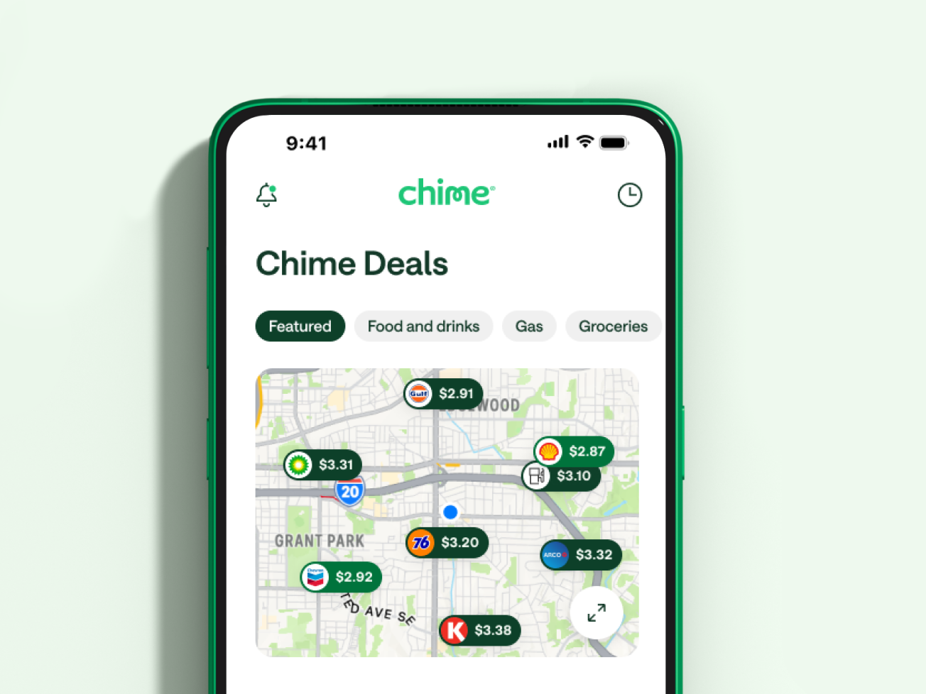 Chime Deals app screen showing a map of local savings with nearby gas prices and filter options like Featured, Food and Drinks, Gas and Groceries.