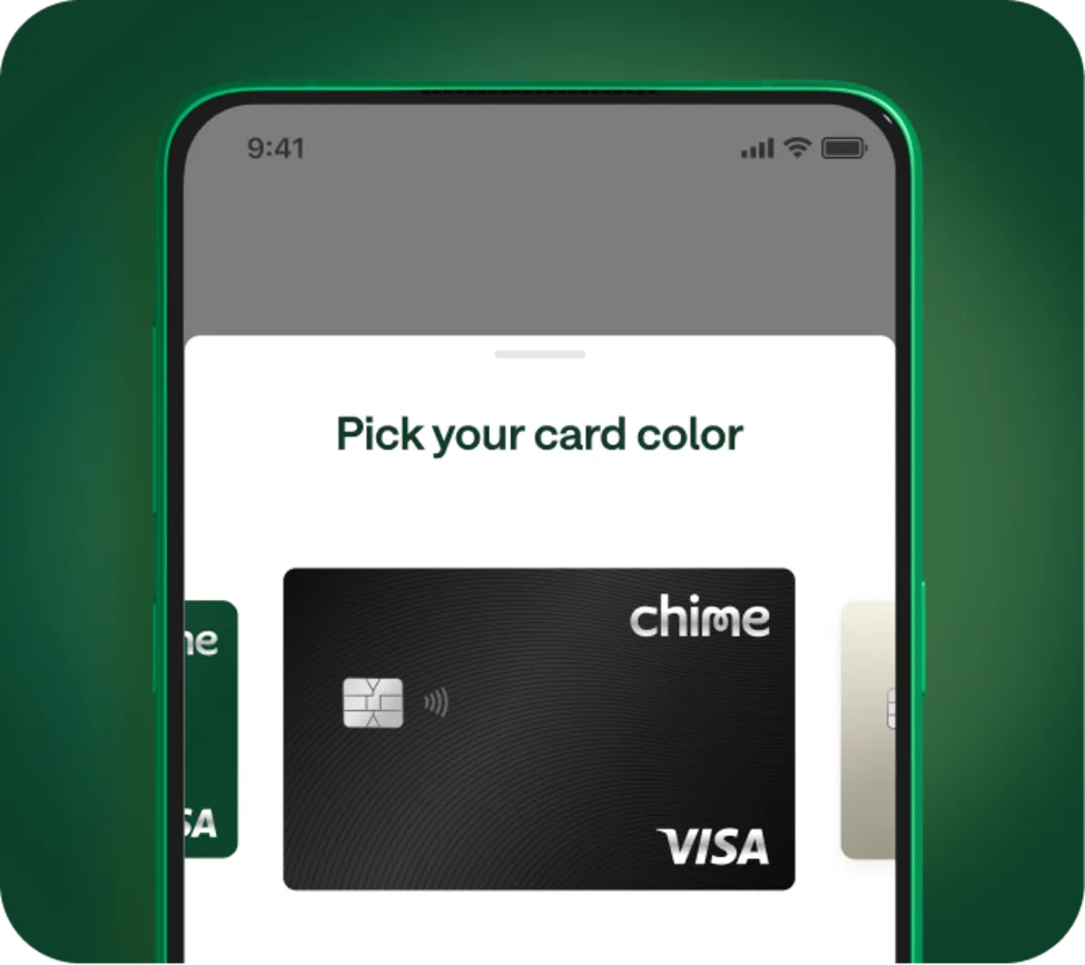 Chime app screen offering users the option to "pick your card color", featuring a black Visa Chime Card.