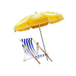 A yellow beach umbrella shading a blue and white striped folding beach chair on a white background.