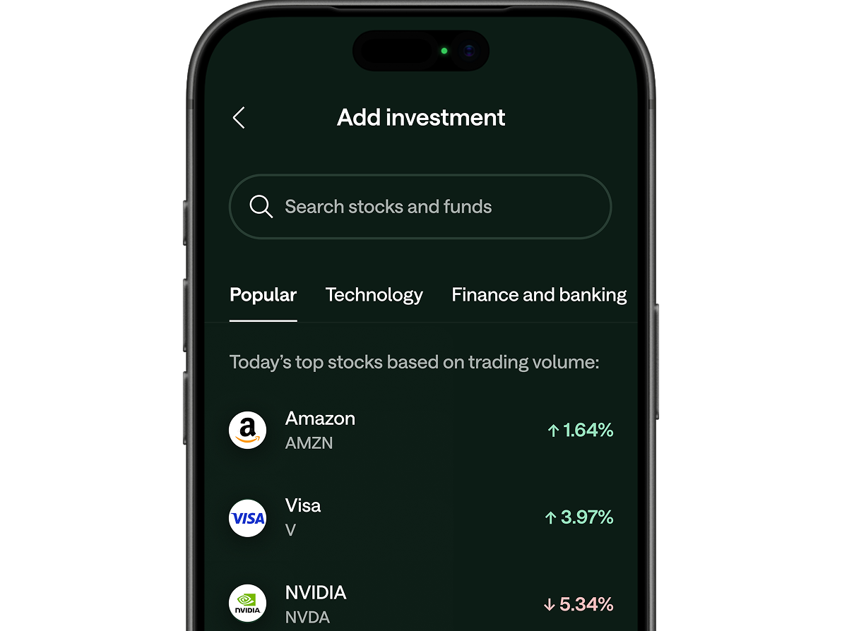 A dark-themed mobile app screen showing an "Add investment" page with popular stocks: Amazon up 1.64%, Visa up 3.97%, NVIDIA down 5.34%.
