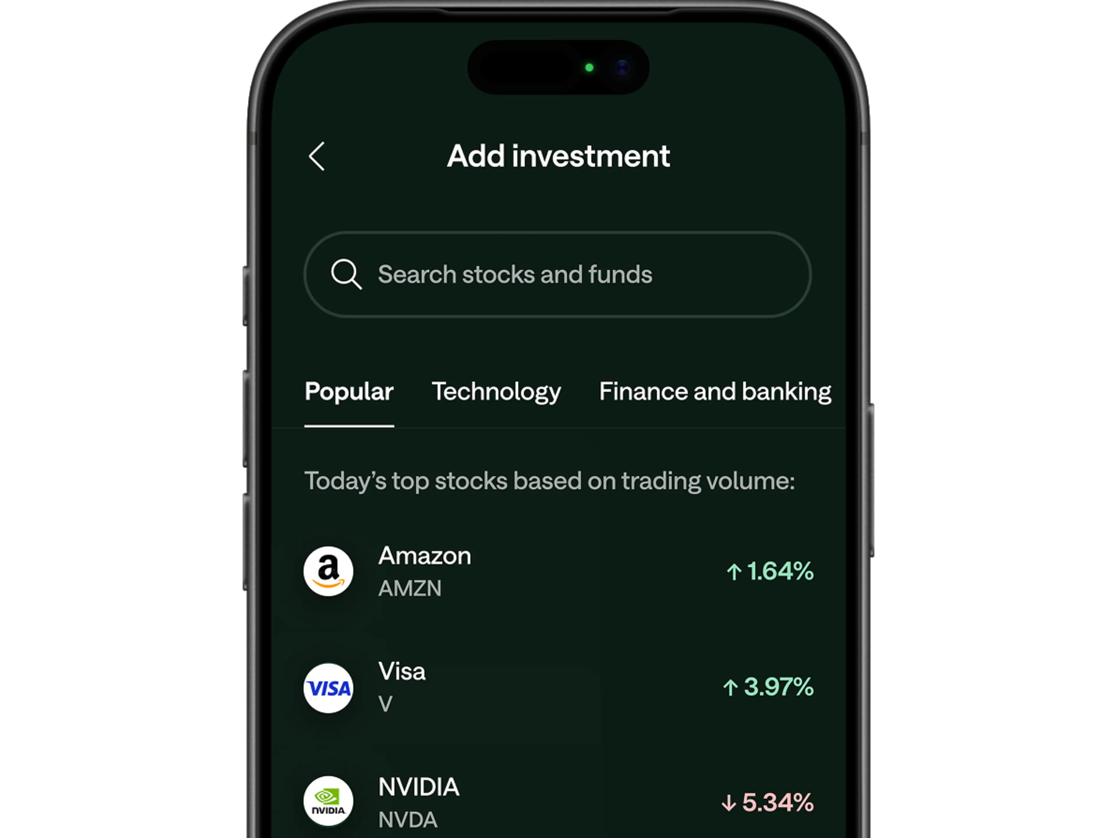 A dark-themed mobile app screen showing an "Add investment" page with popular stocks: Amazon up 1.64%, Visa up 3.97%, NVIDIA down 5.34%.