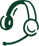 Dark green illustrated icon of a headset with ear cushions and a microphone boom arm.