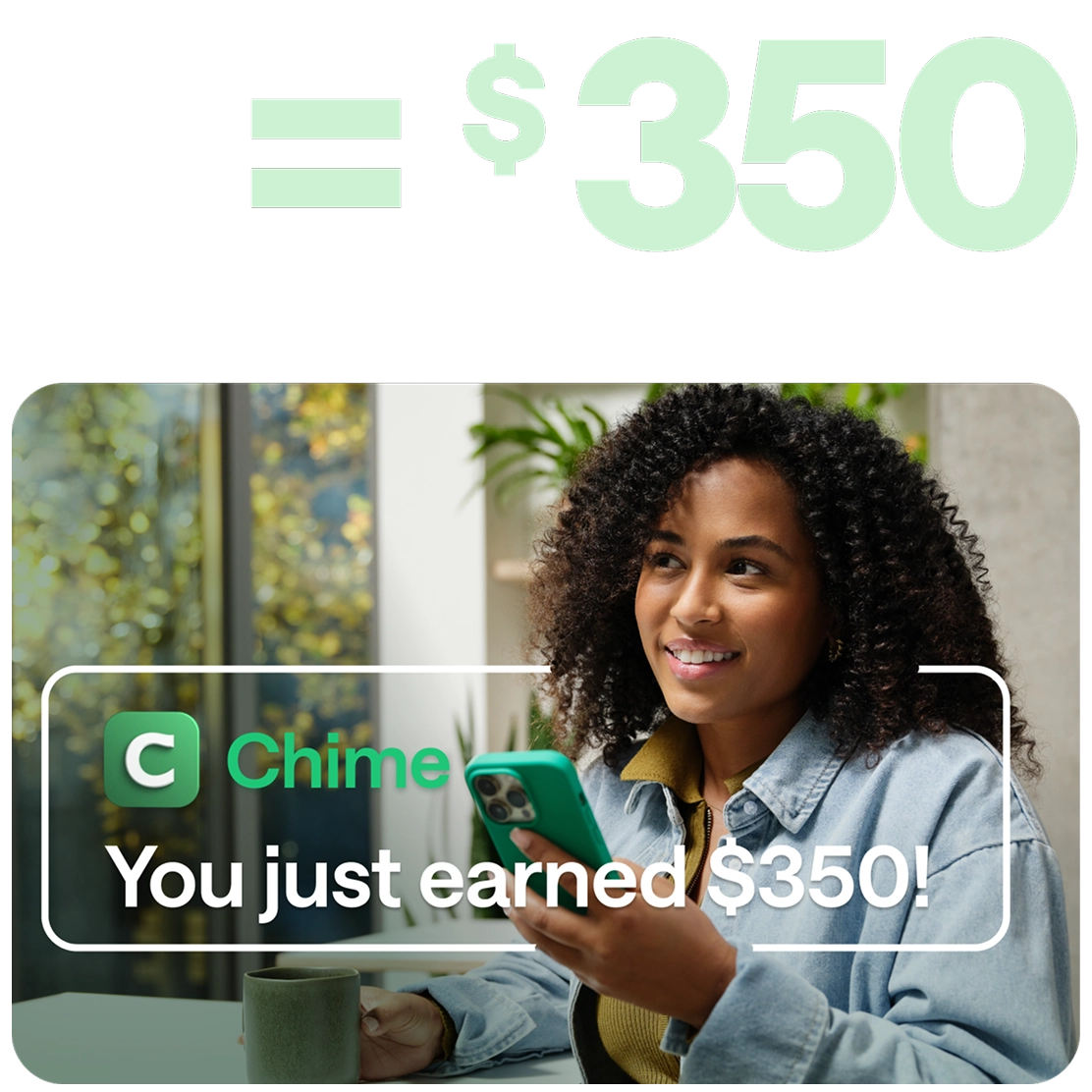 Woman looking at her phone and happy that she just earned $350 from qualifying activities.