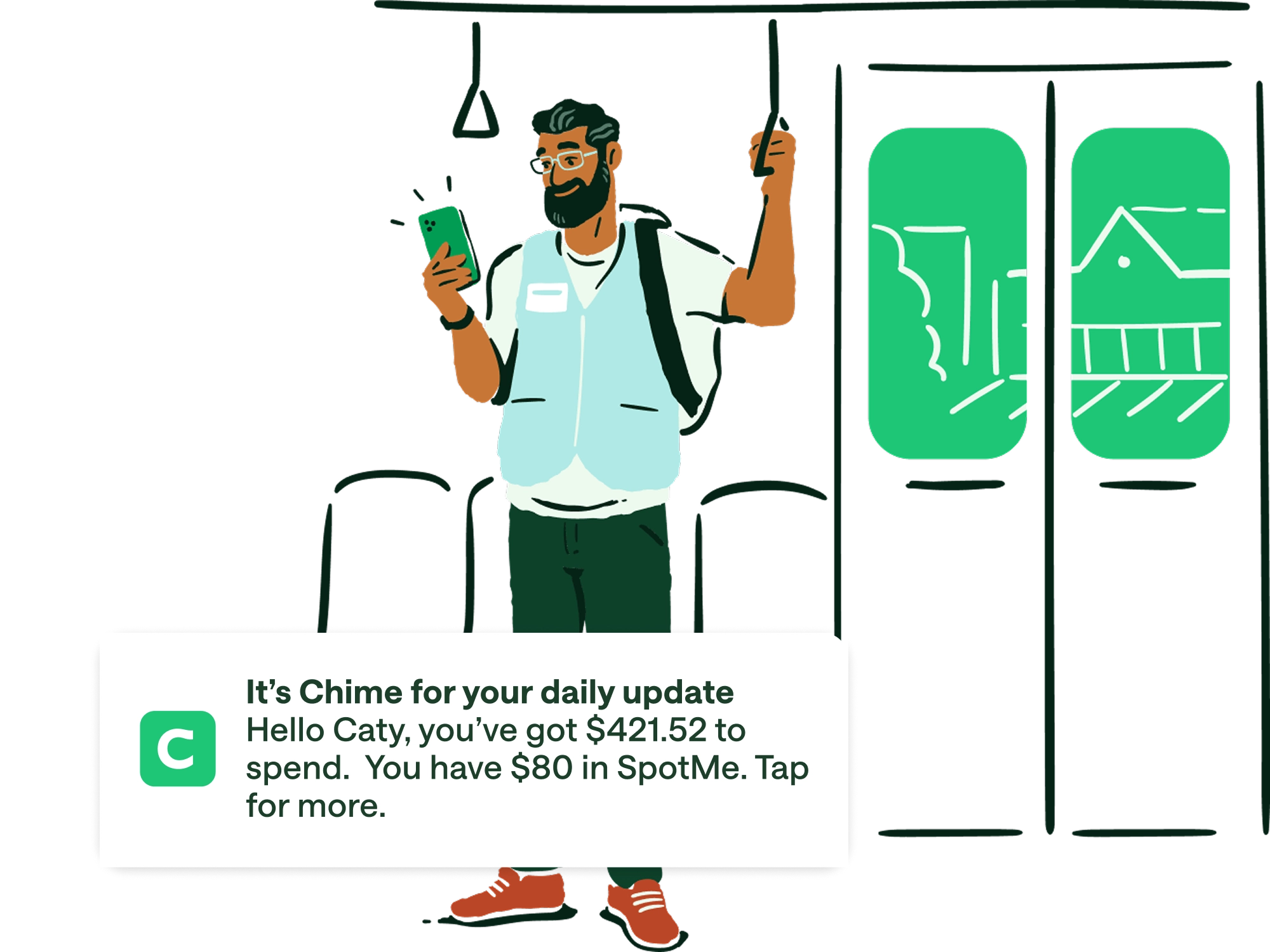 Illustrated person on subway checking Chime banking app notification showing account balance in SpotMe.