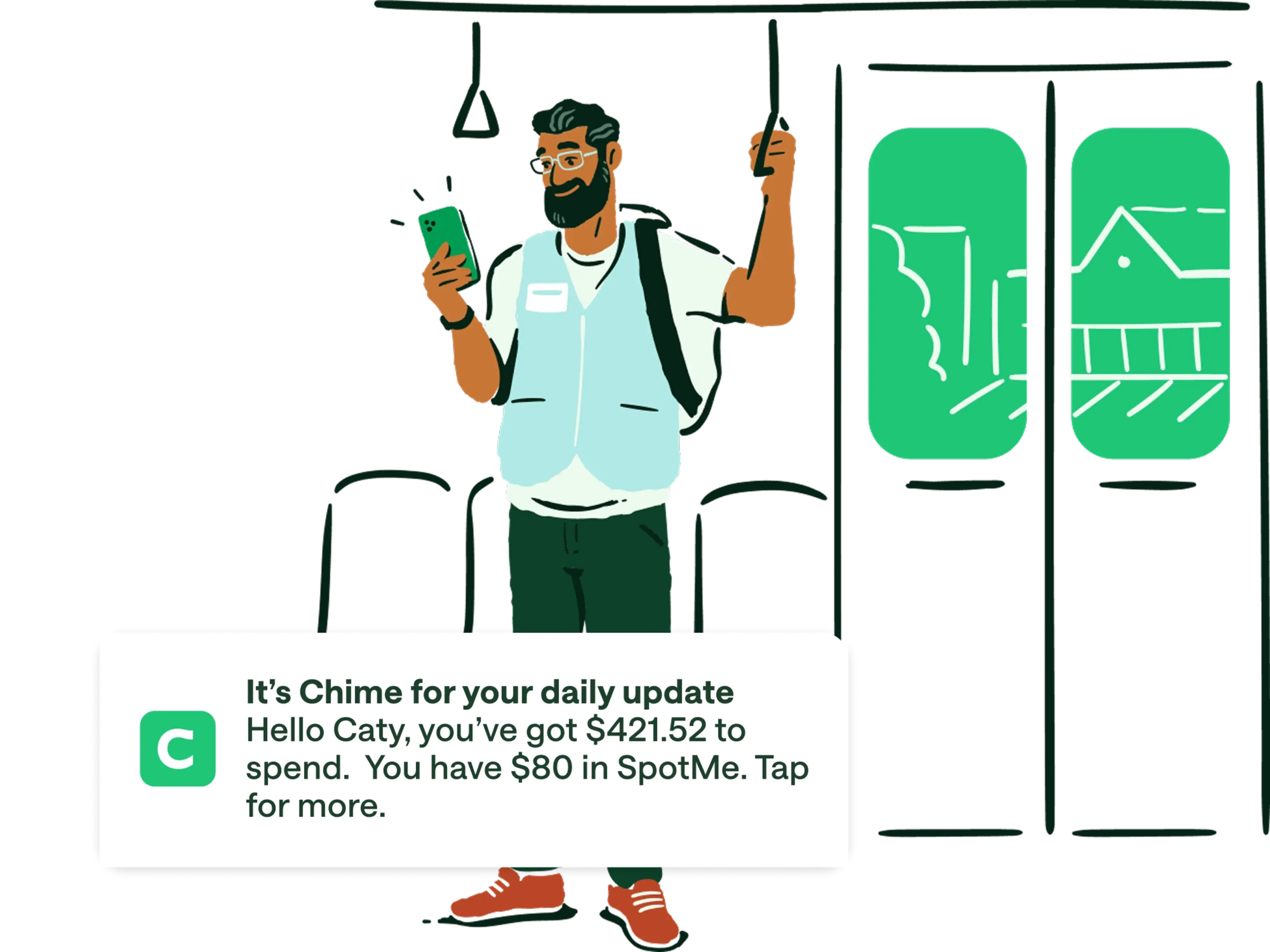 Illustrated person on subway checking Chime banking app notification showing account balance in SpotMe.