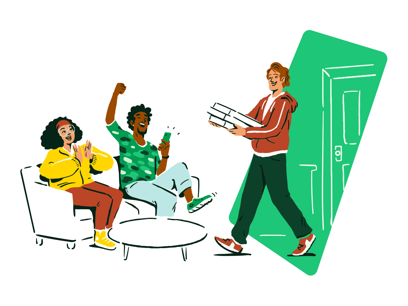 An illustration of three people in a room.