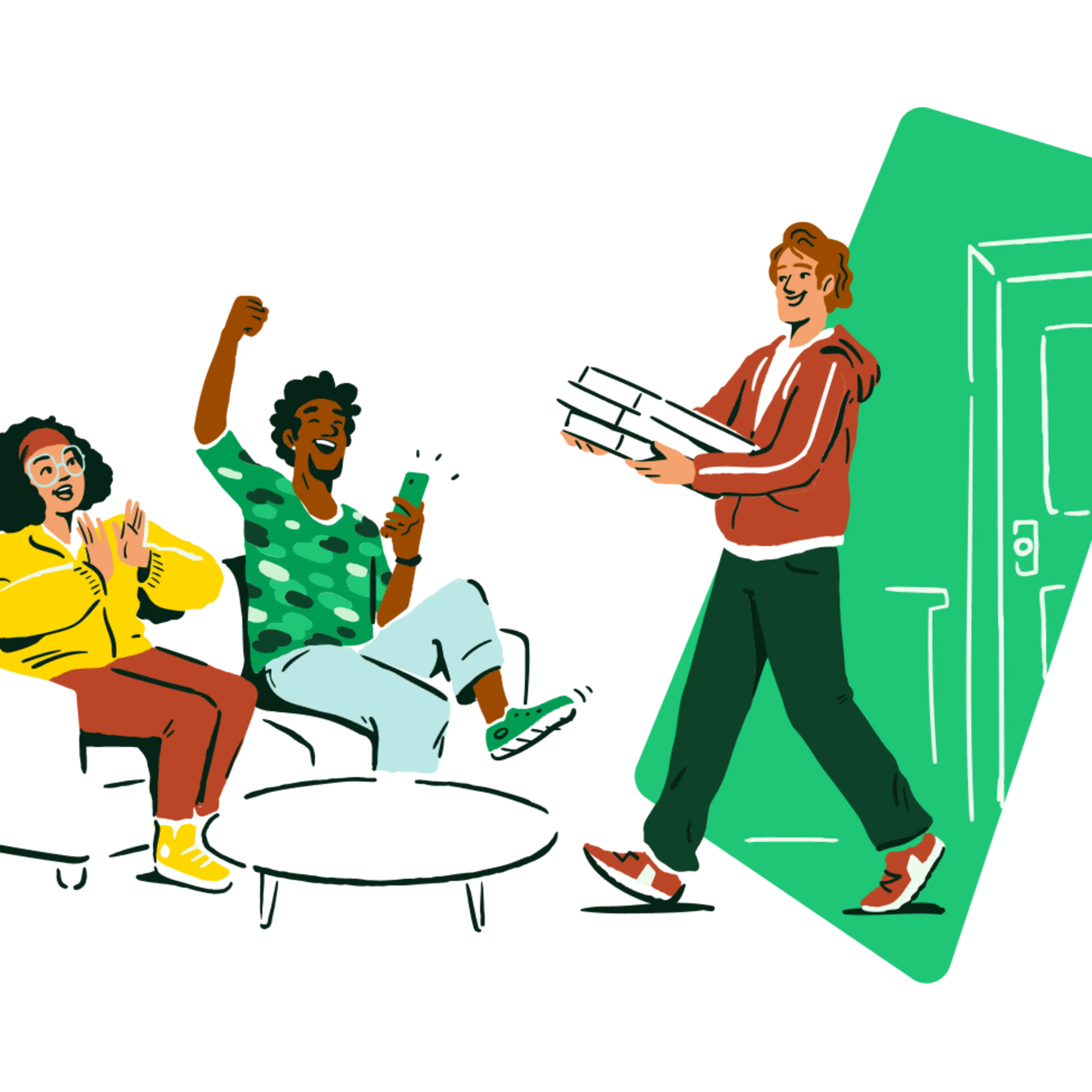 An illustration of three people in a room.