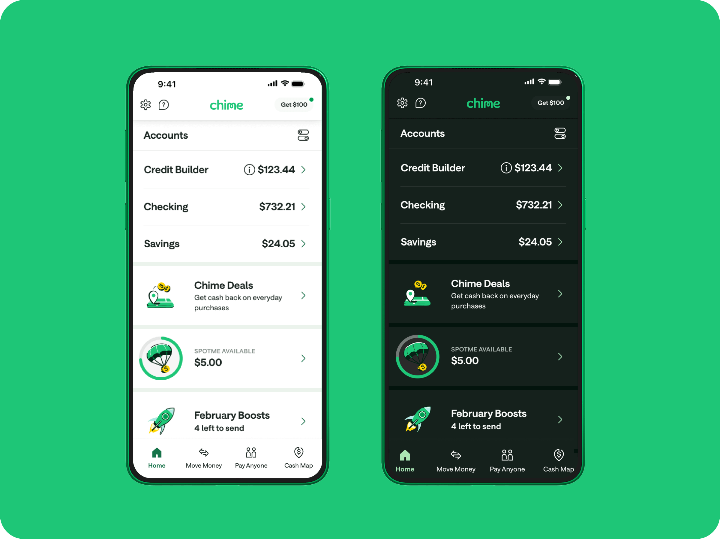 Chime's new app redesign and Dark Mode option.