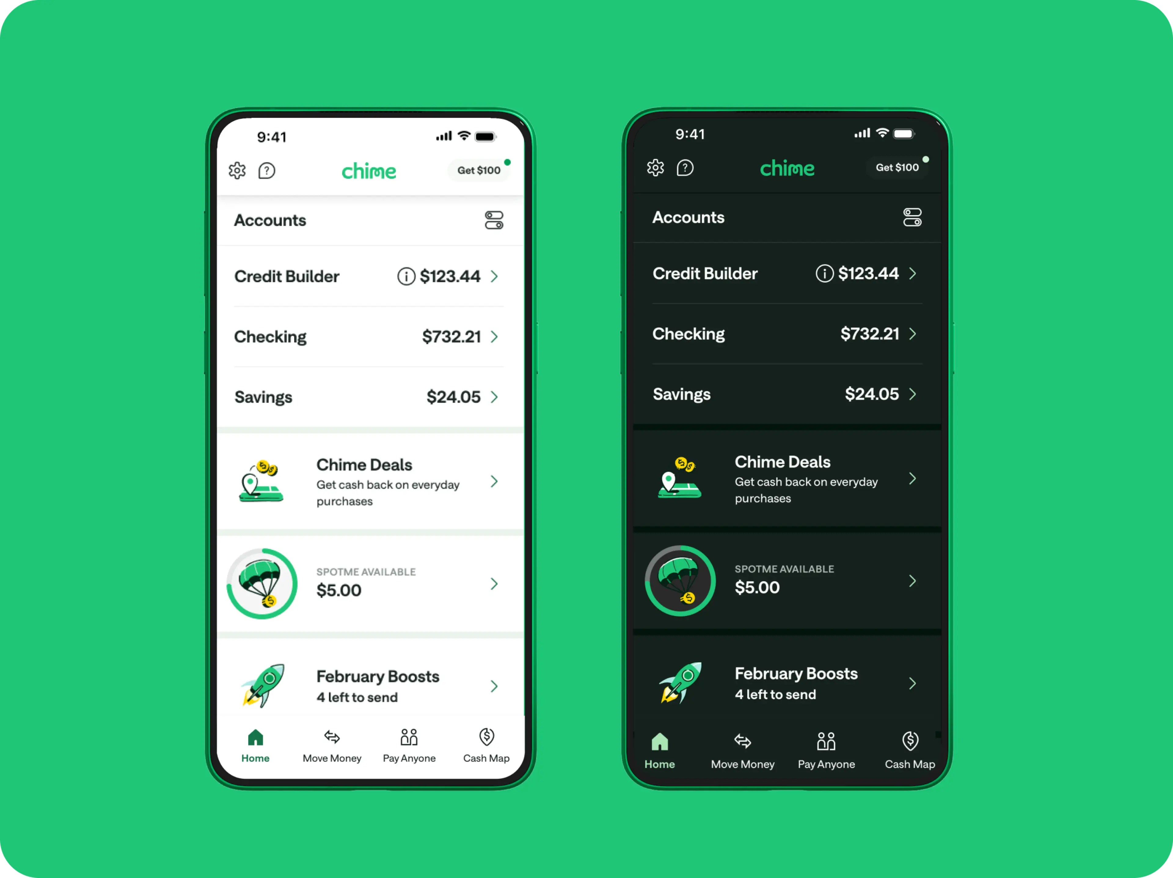 Chime's new app redesign and Dark Mode option.
