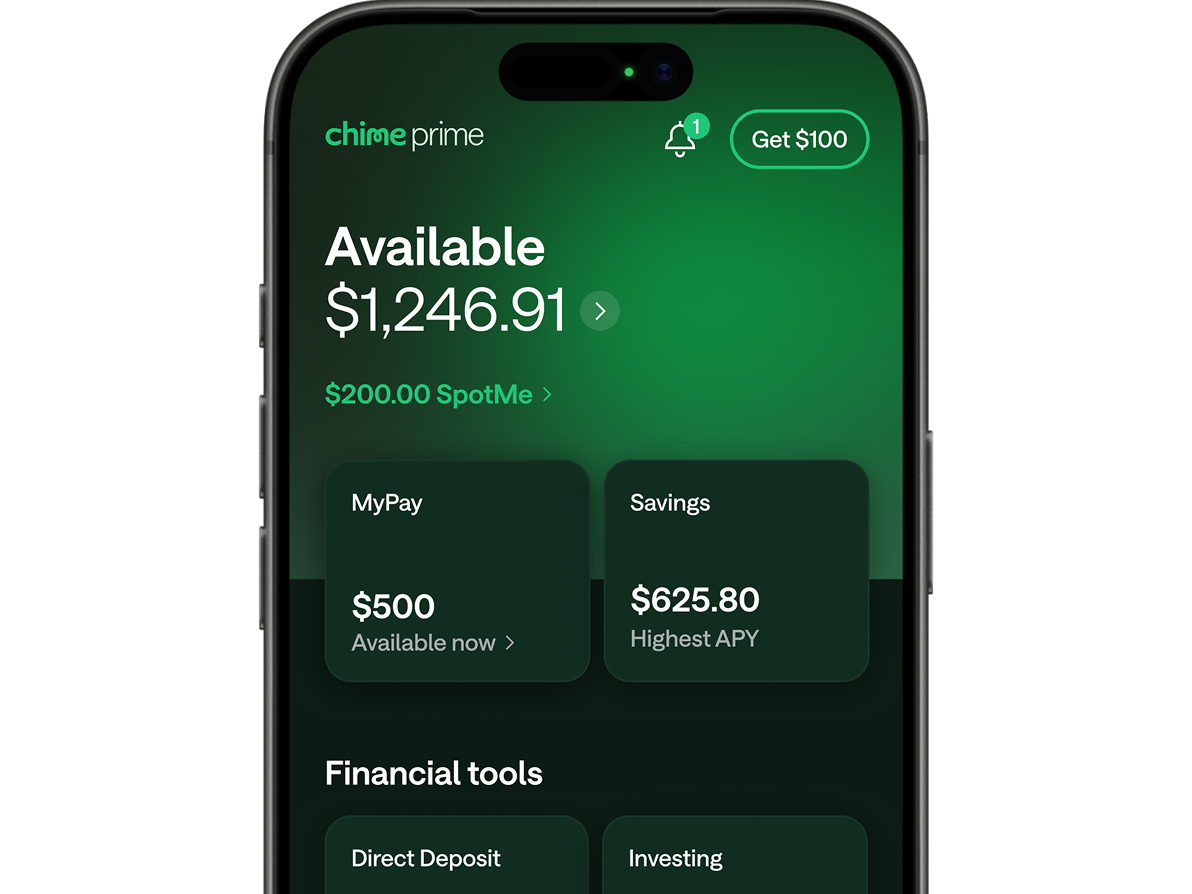 Chime Prime app on a smartphone showing available balance of $1,246.91, SpotMe, MyPay, Savings, and Financial tools on a green interface.