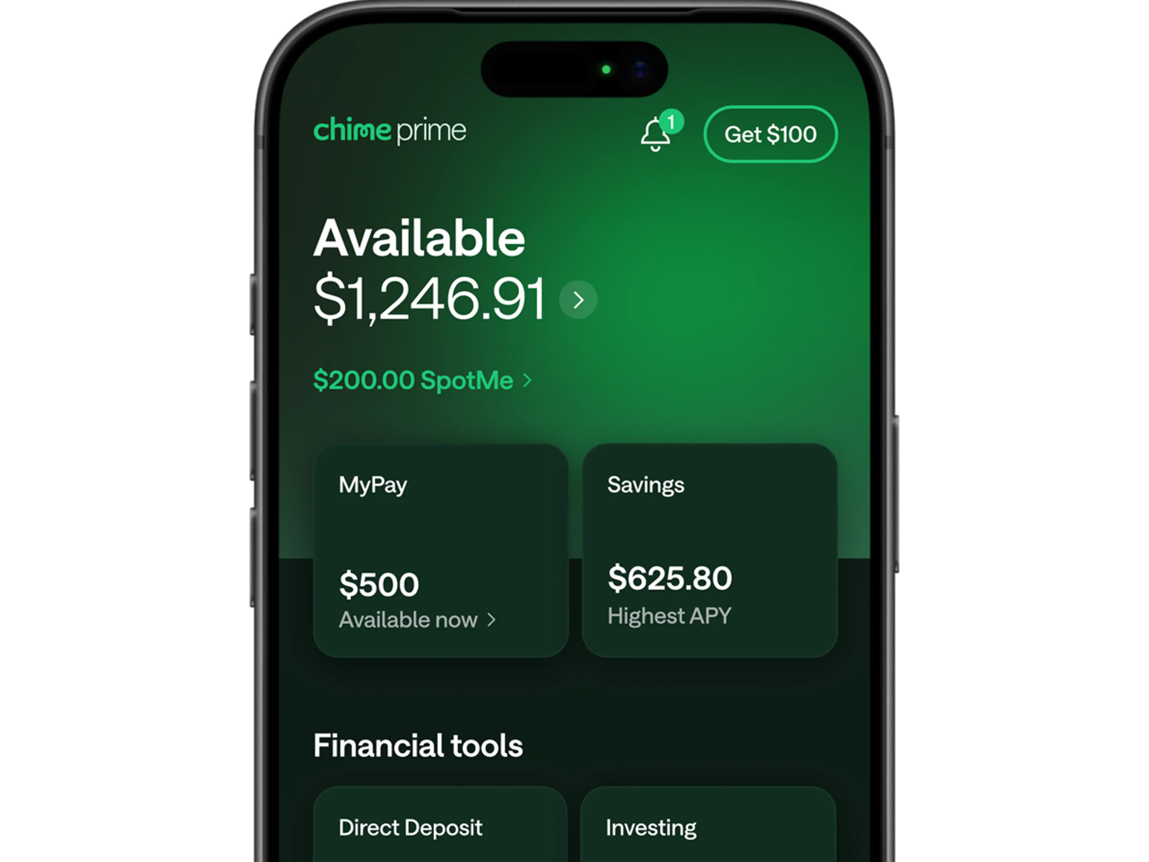 Chime Prime app on a smartphone showing available balance of $1,246.91, SpotMe, MyPay, Savings, and Financial tools on a green interface.