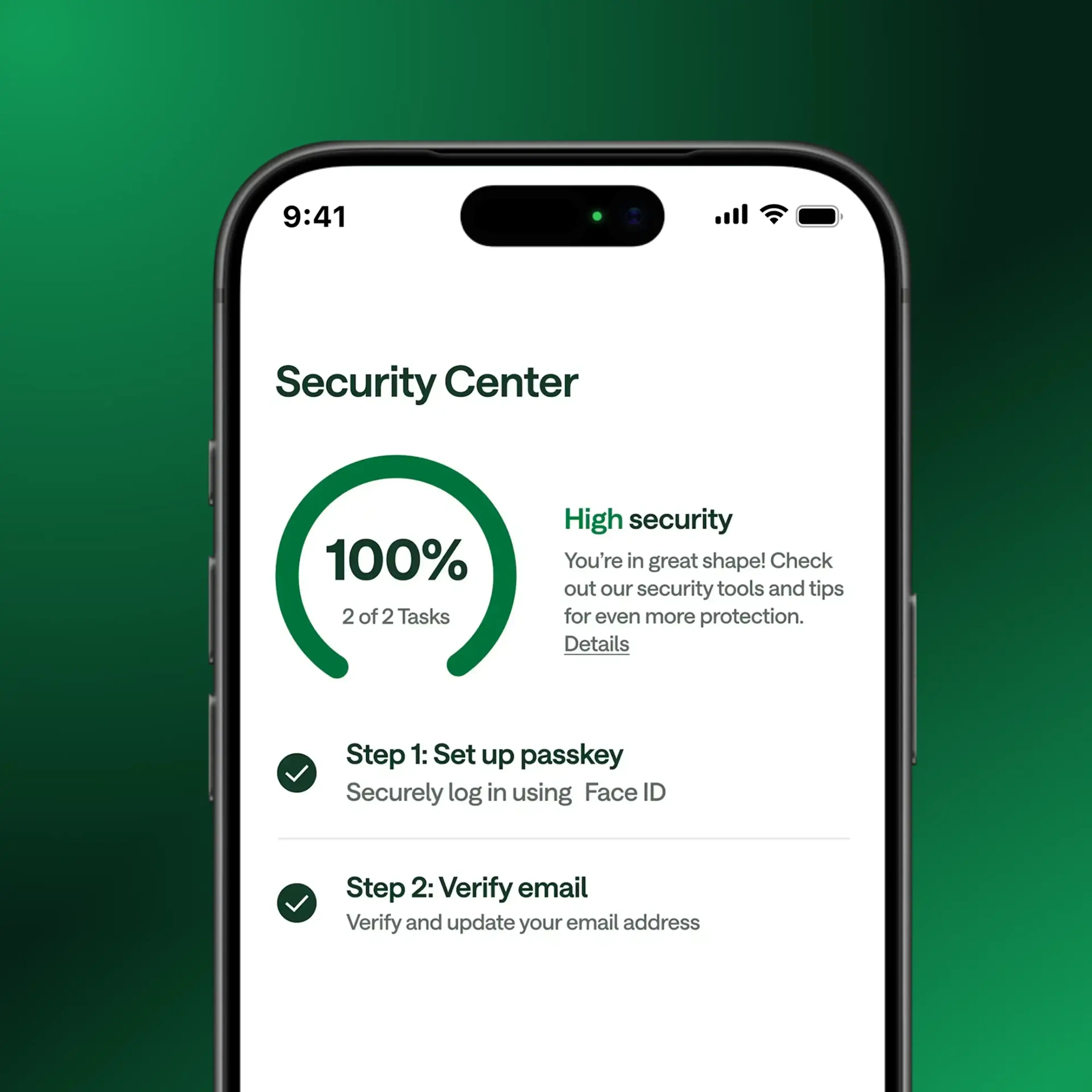Smartphone displaying Security Center with 100% completion of security tasks, showing green progress circle, high security, and completed steps.