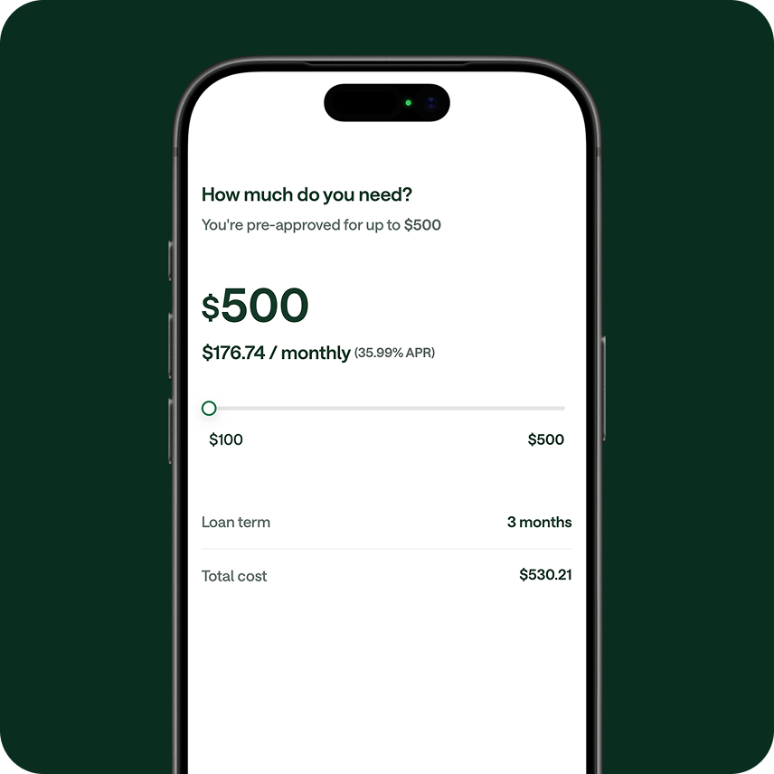 A smartphone screen showing a loan app with $500 pre-approval, $176.74/month at 35.99% APR, 3-month term, $530.21 total cost.