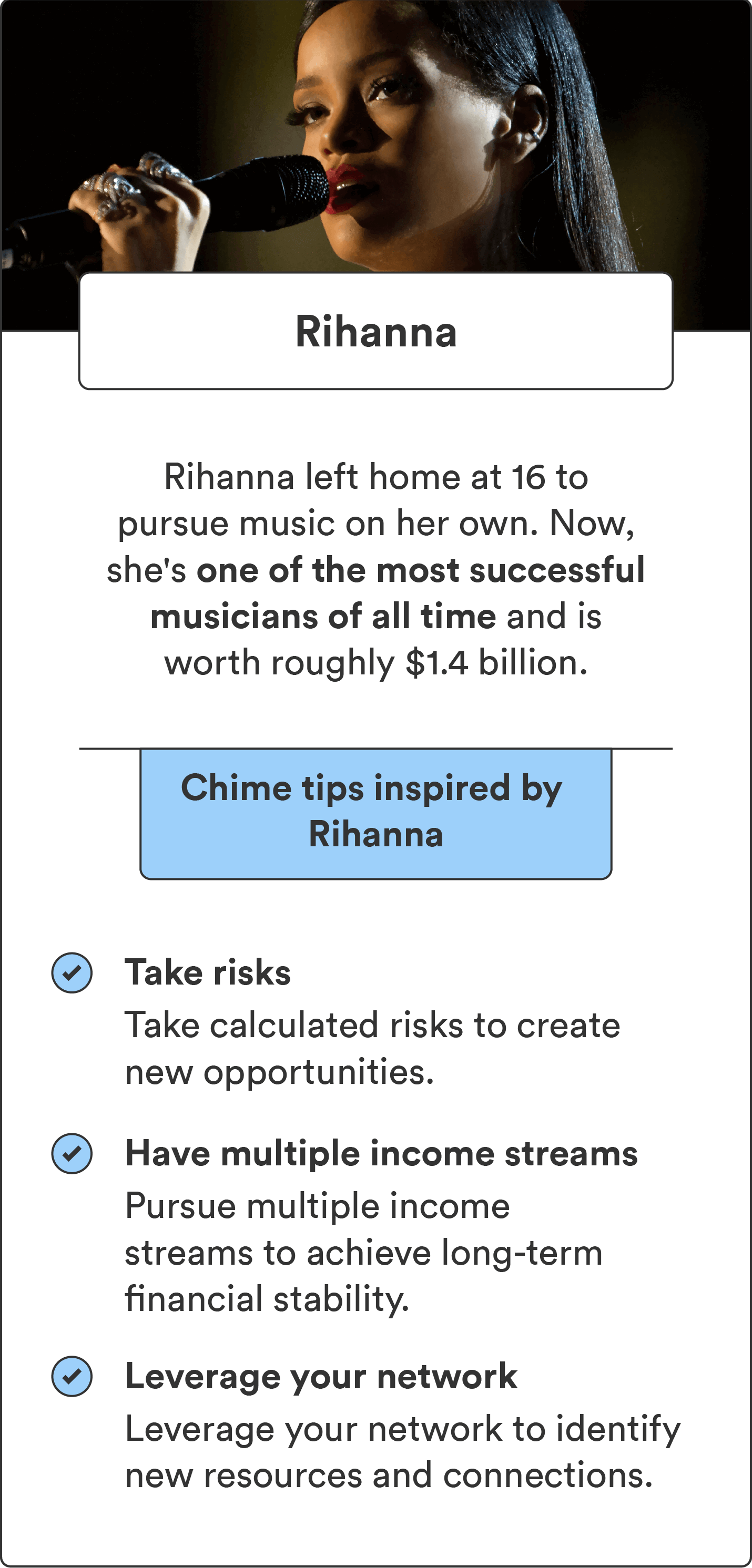A photo of Rihanna accompanies a summary of how she built generational wealth and tips for how others can do the same.