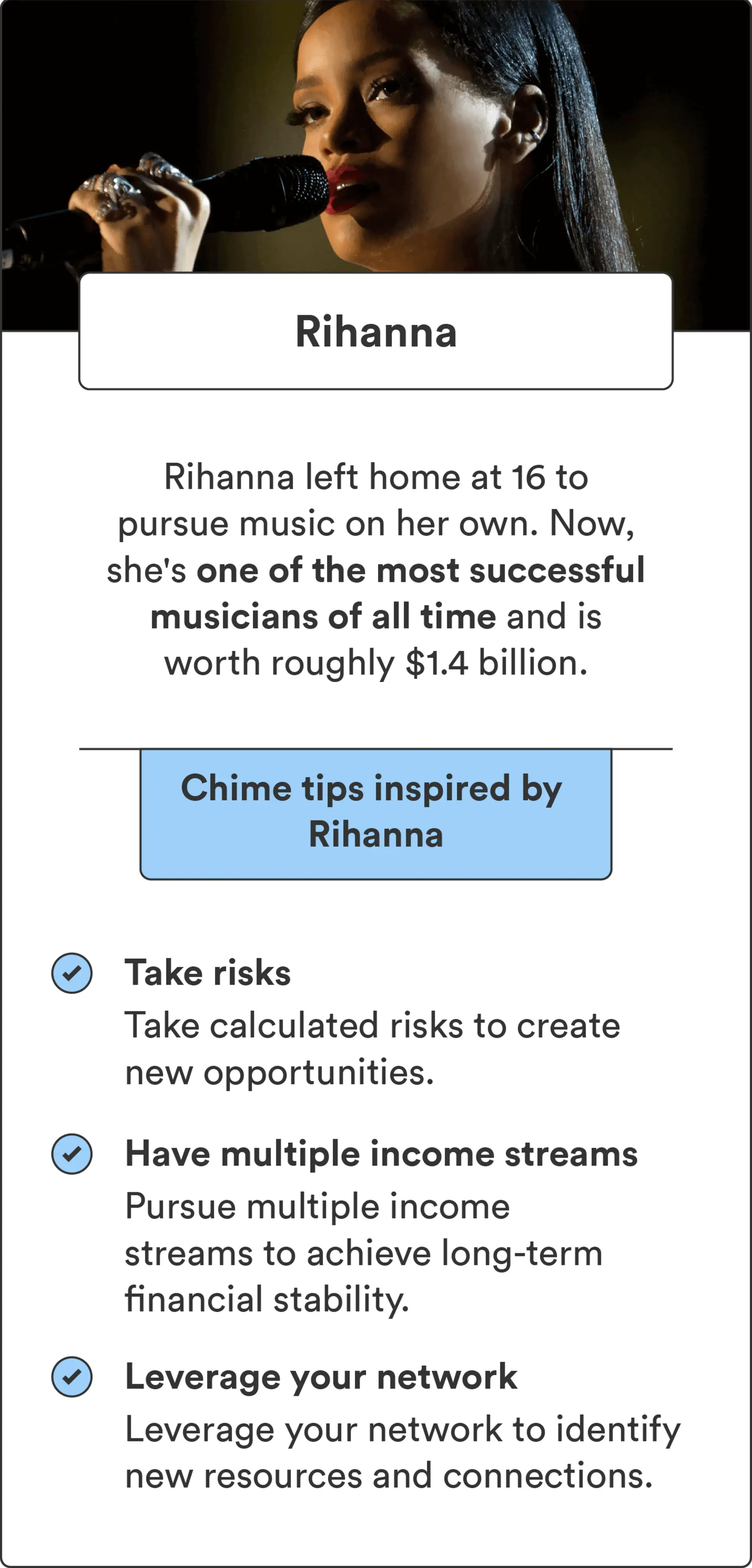 A photo of Rihanna accompanies a summary of how she built generational wealth and tips for how others can do the same.