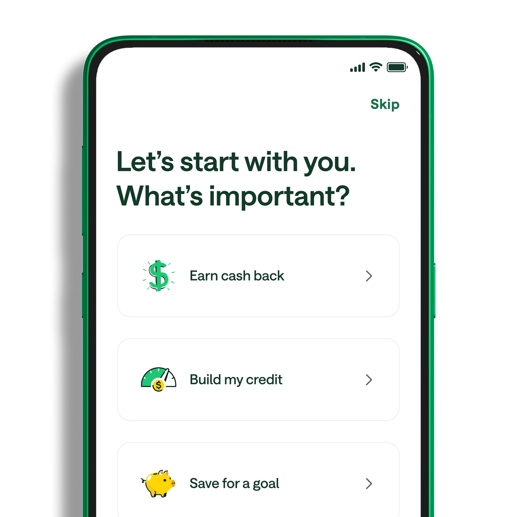 A Chime screen on a phone, asking the user what is important to them.