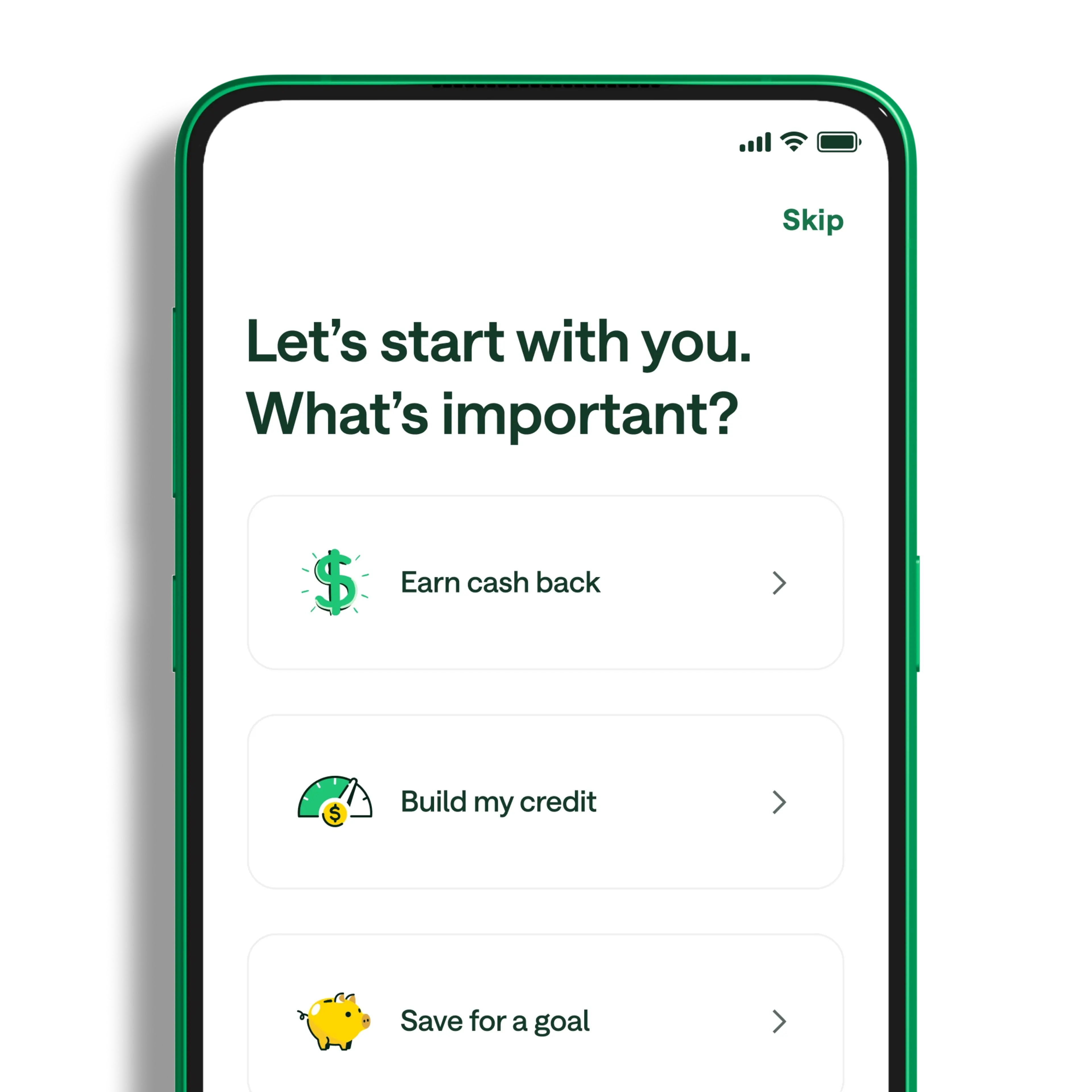A Chime screen on a phone, asking the user what is important to them.