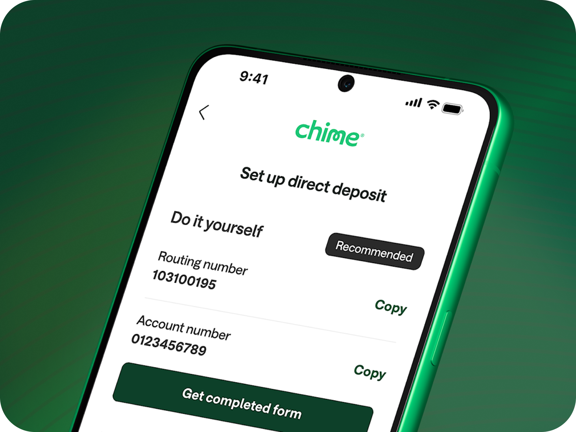 Direct deposit setup screen on the Chime app.
