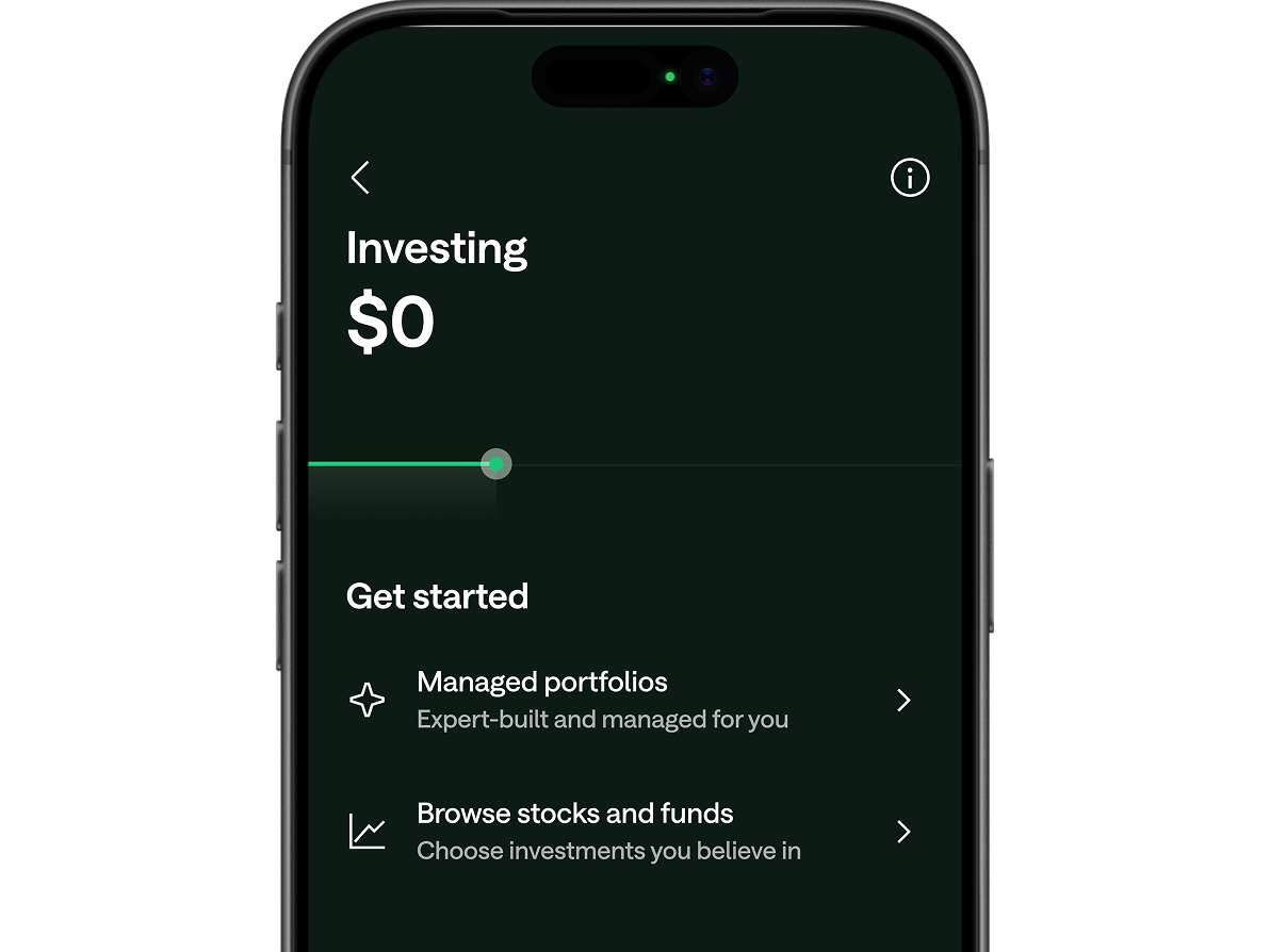 Smartphone displaying a dark-themed investing app screen showing $0 balance with options for managed portfolios and browsing stocks.