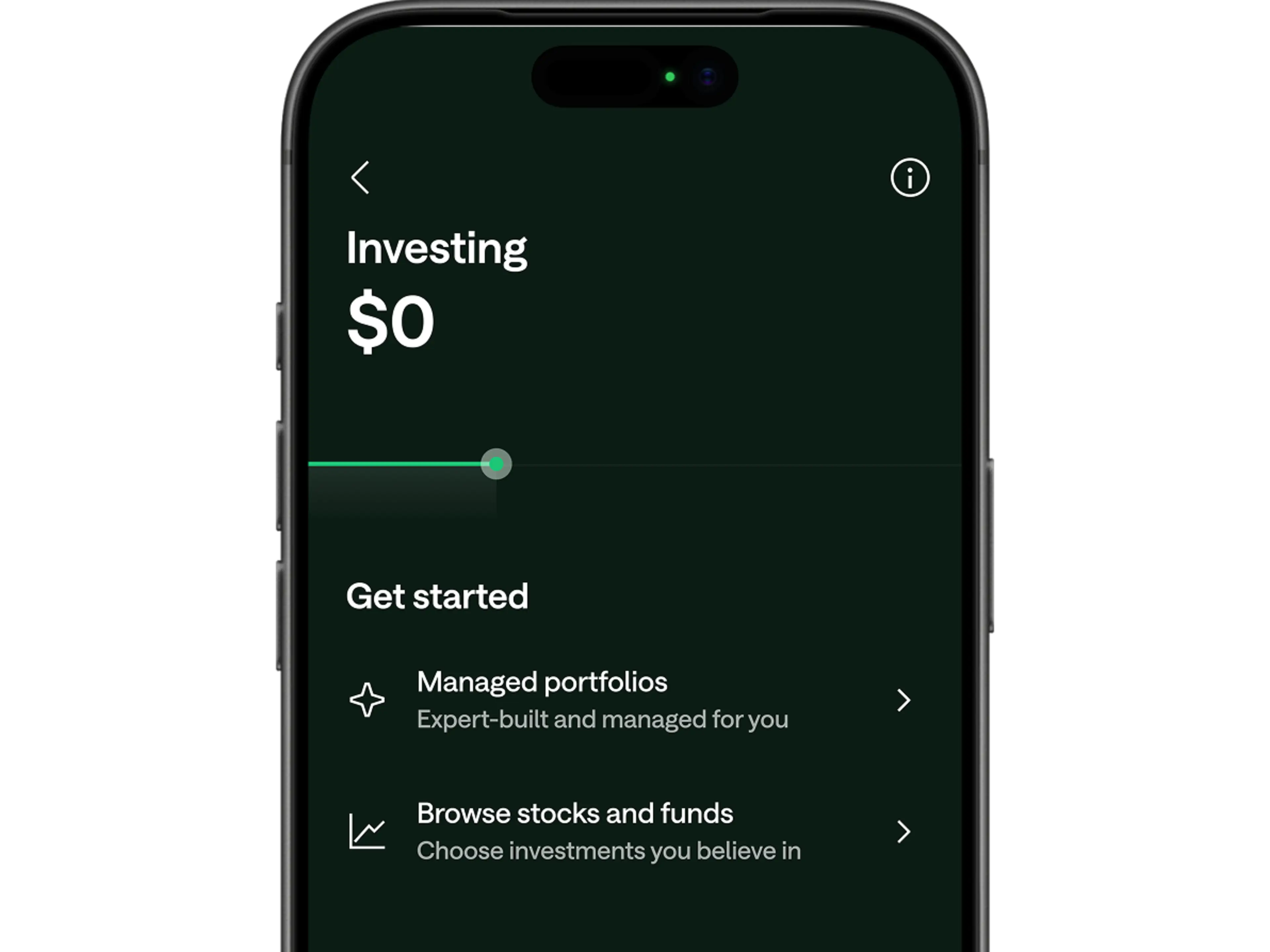 Smartphone displaying a dark-themed investing app screen showing $0 balance with options for managed portfolios and browsing stocks.