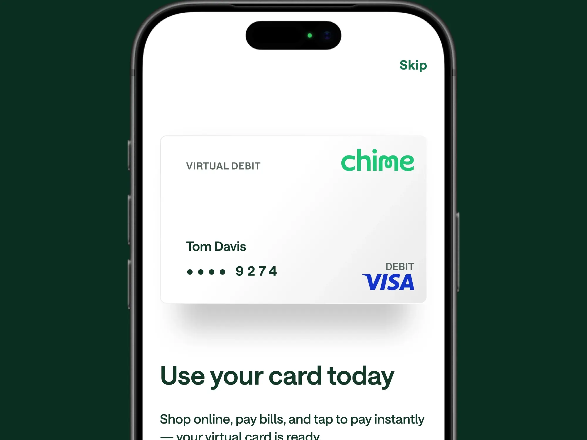 Phone UI showing app interface of debit card available to use today