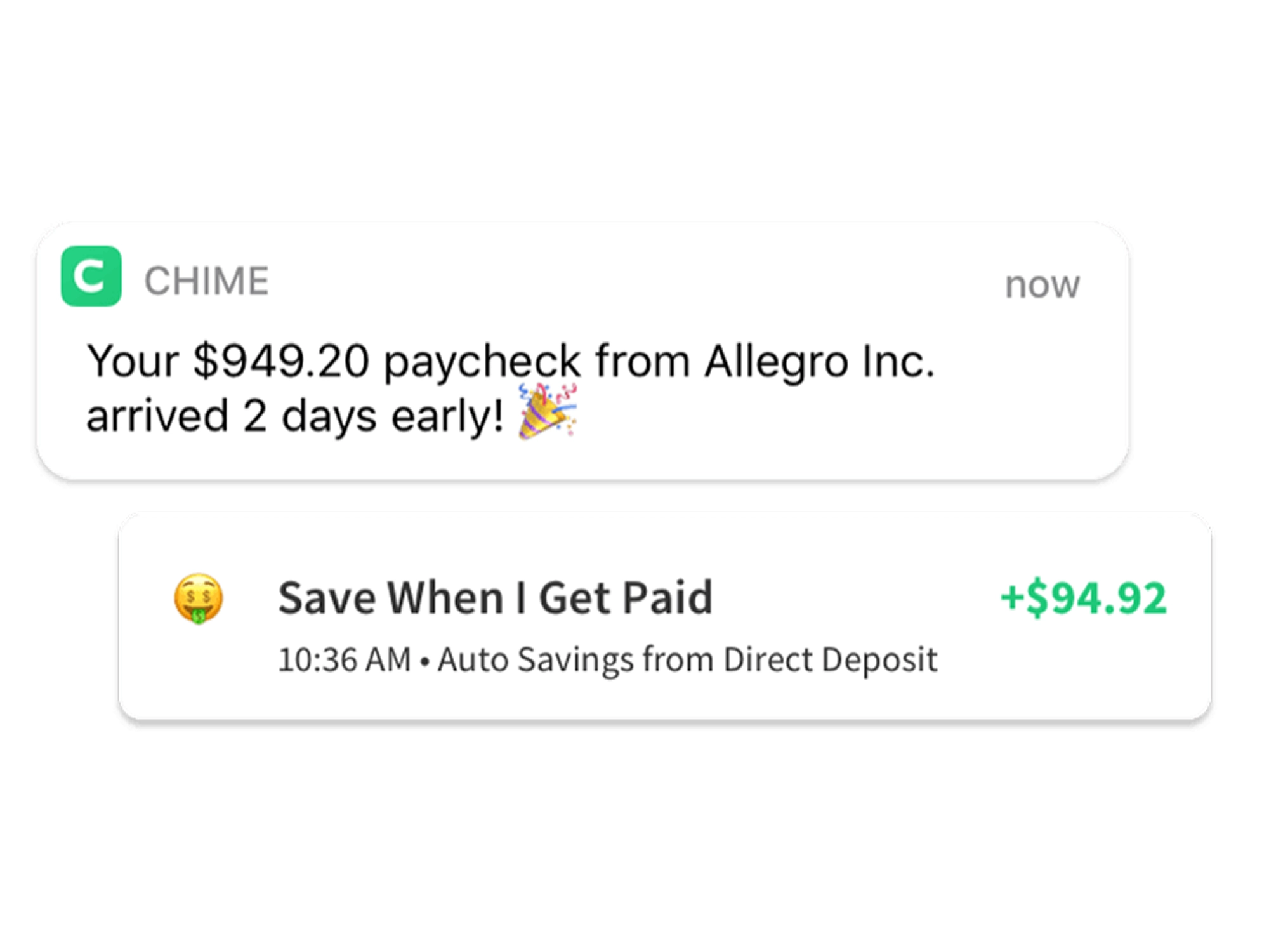 Chime debit card with transaction details showing Blue Bottle Coffee purchase and round-up savings transfer.