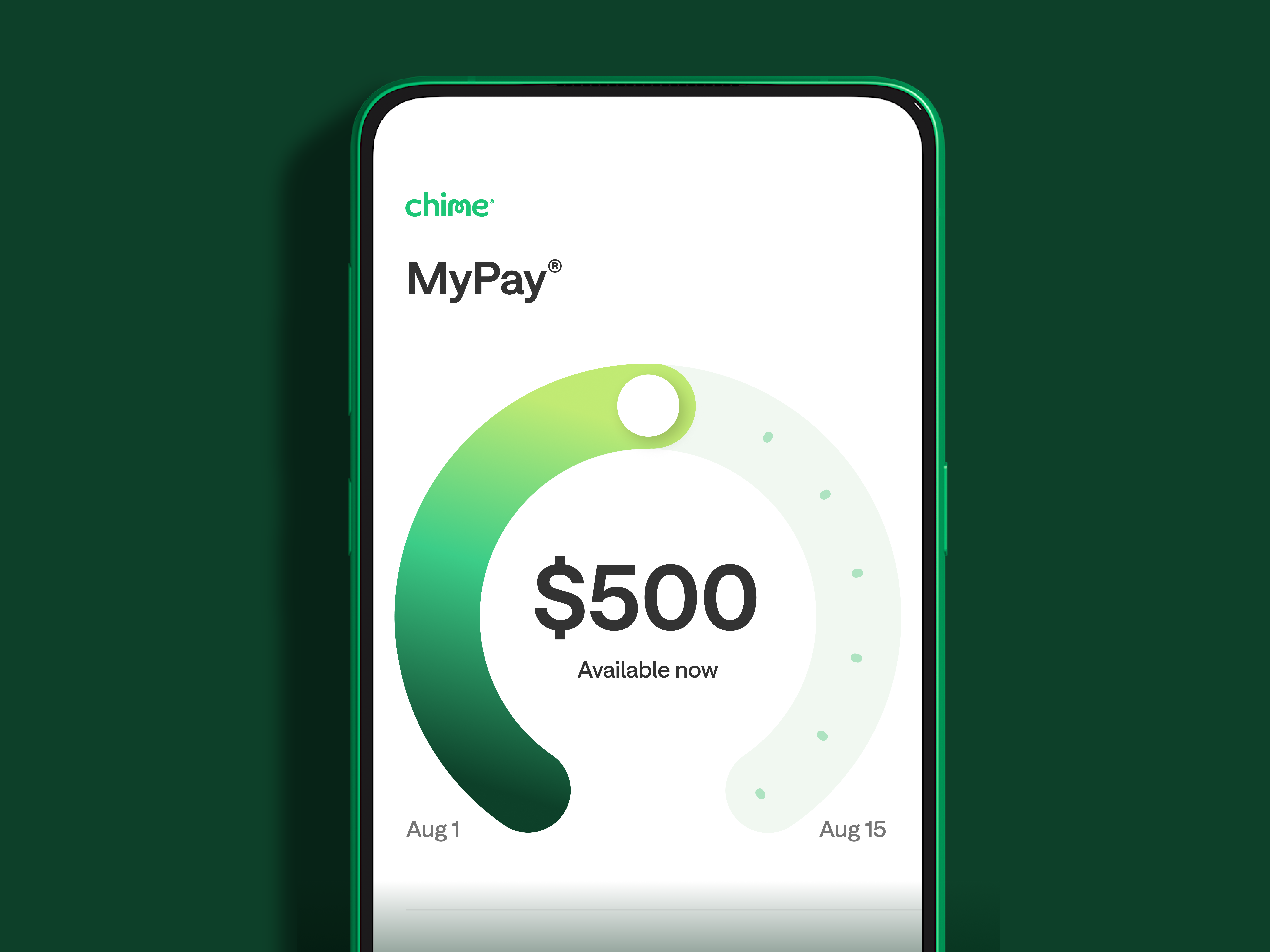 MyPay screen on a mobile device, showing $500 available now. 