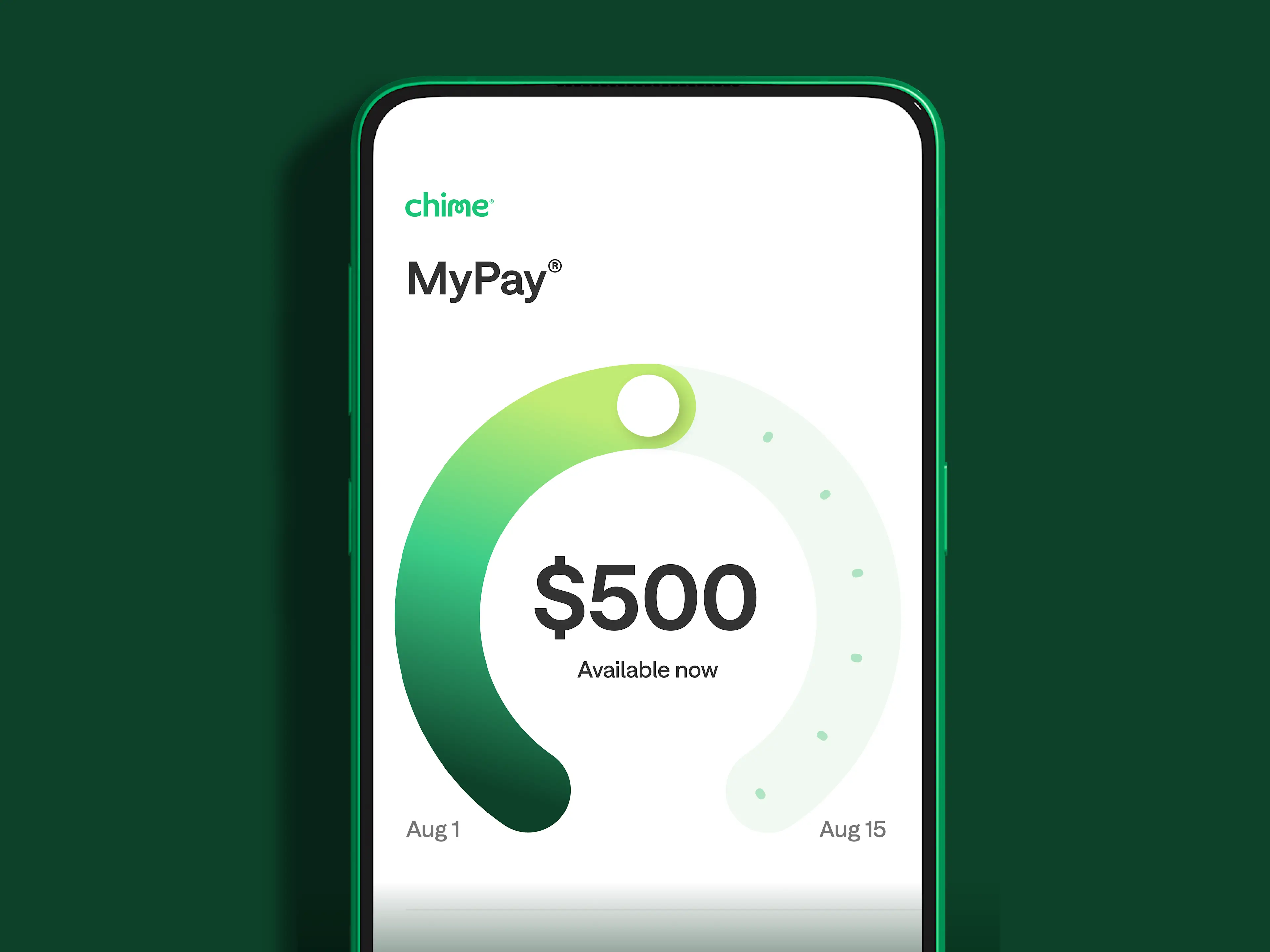 MyPay screen on a mobile device, showing $500 available now.