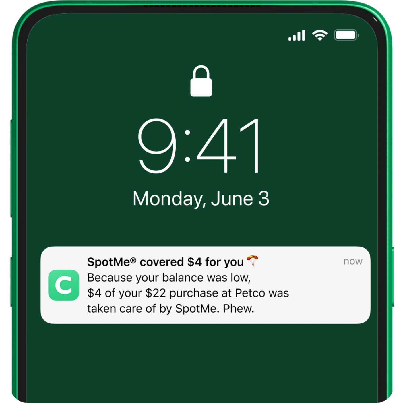 A screenshot of a phone with a Chime SpotMe notification banner.