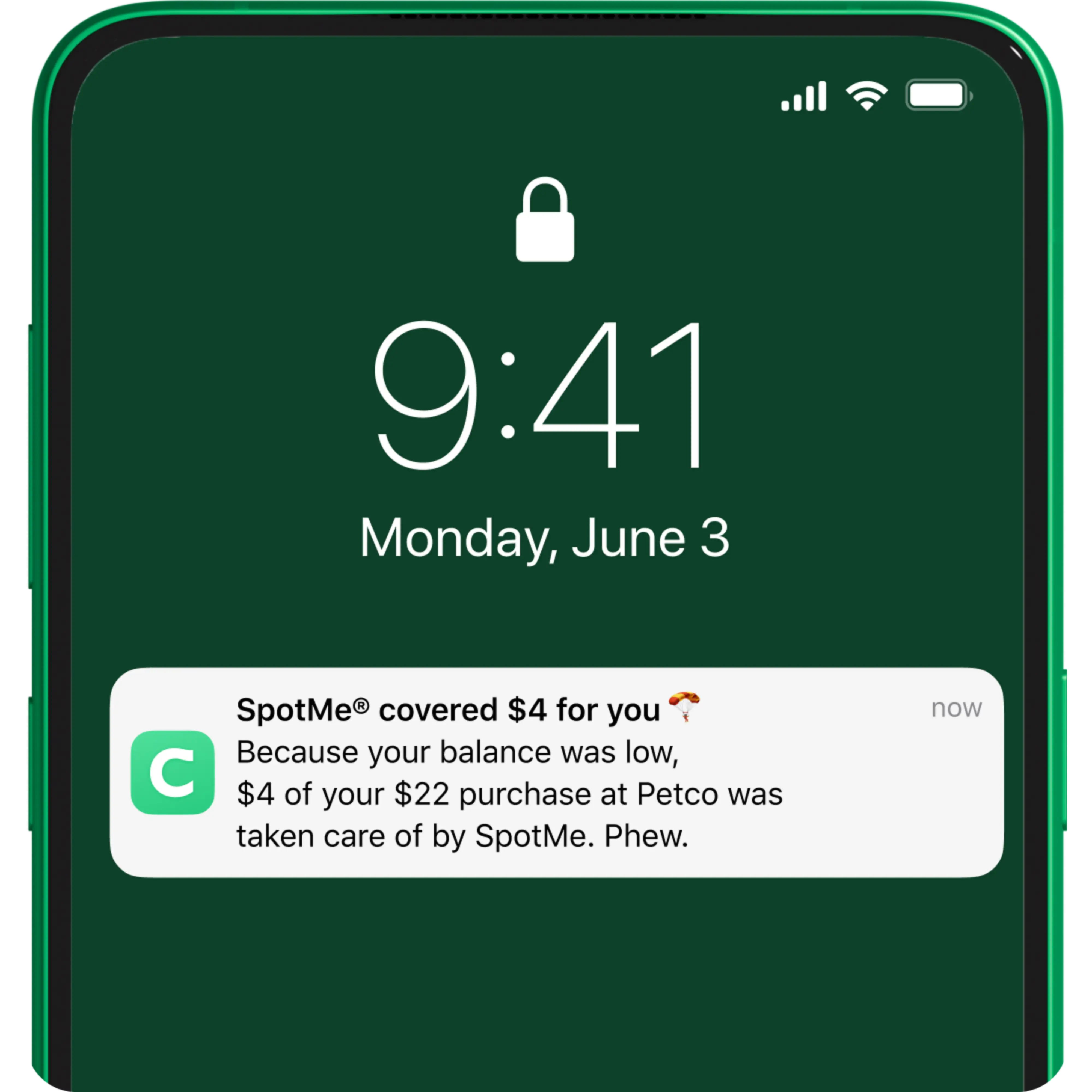 A screenshot of a phone with a Chime SpotMe notification banner.