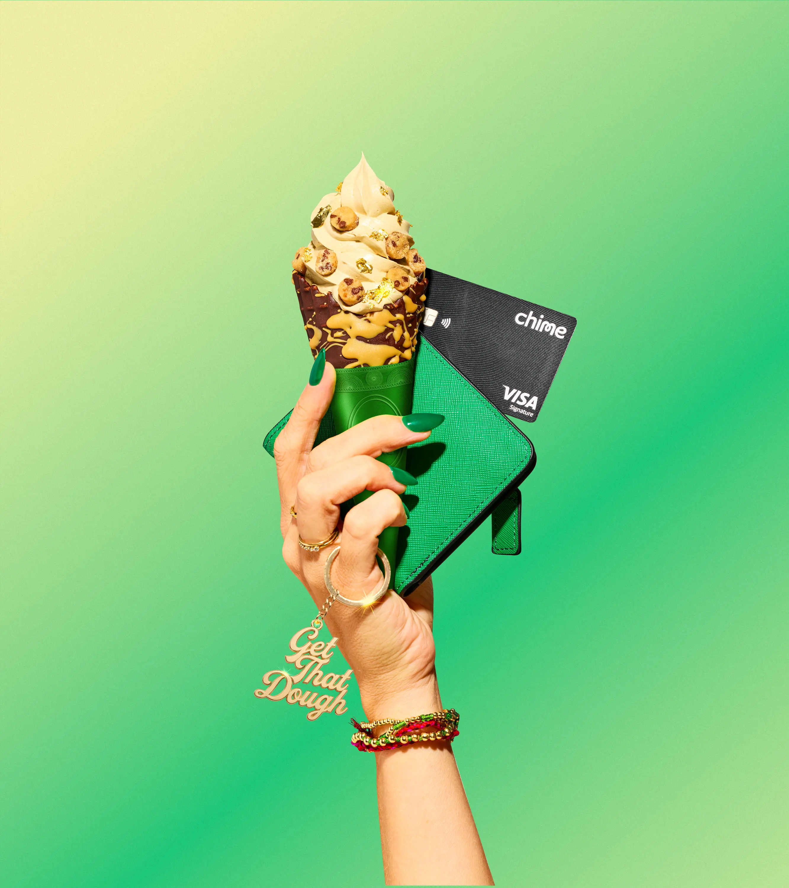 A hand holds an ice cream cone and green wallet with a Chime Visa card against a green background, with a "Get That Dough" charm.