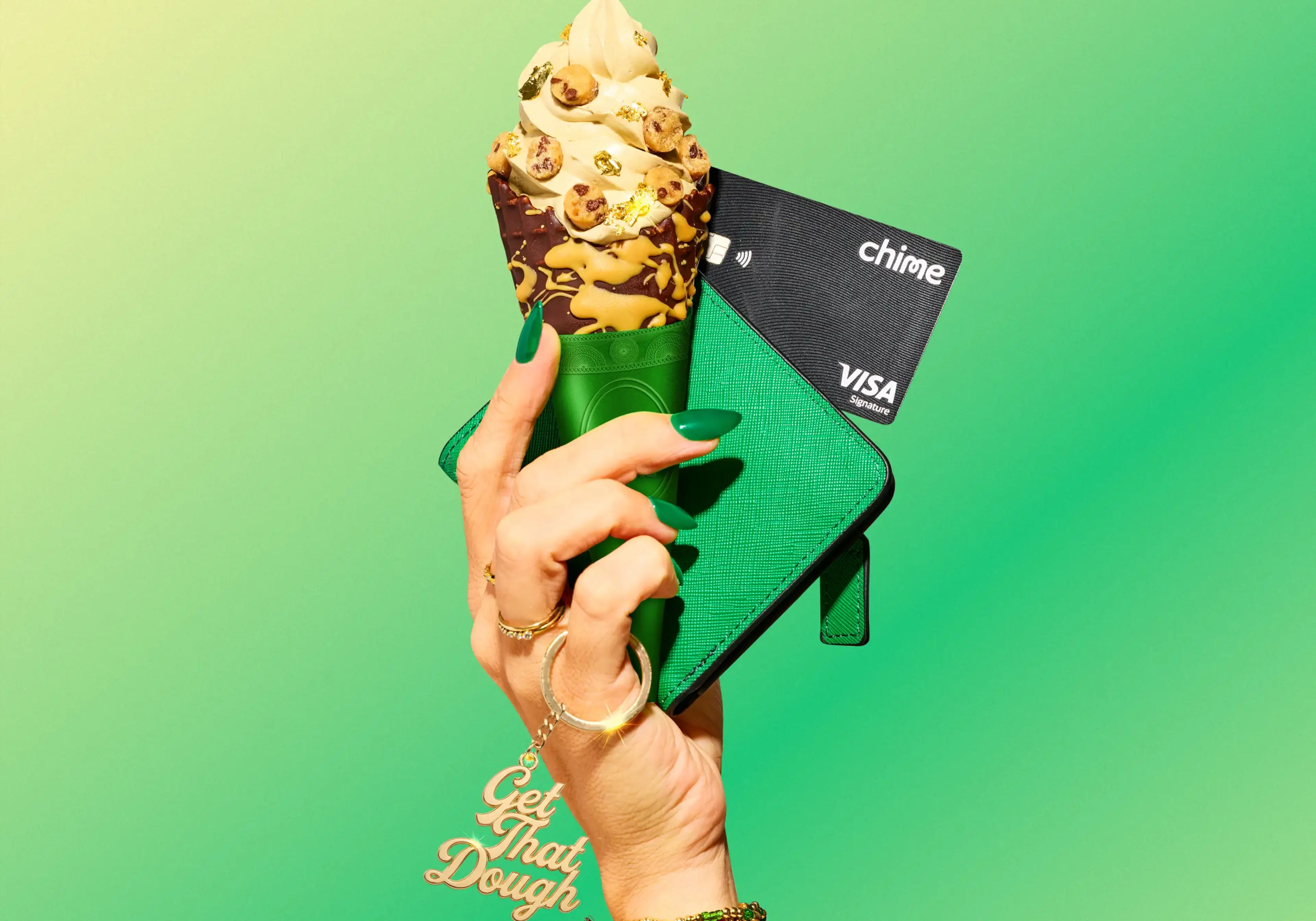 A hand holds an ice cream cone and green wallet with a Chime Visa card against a green background, with a "Get That Dough" charm.
