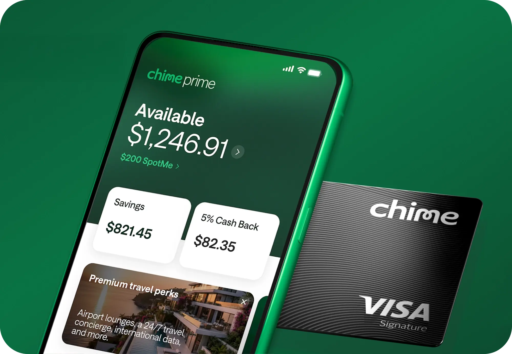 Chime banking app showing $1,246.91 balance, savings of $821.45, and cash back features, with a black Visa card on green background. 