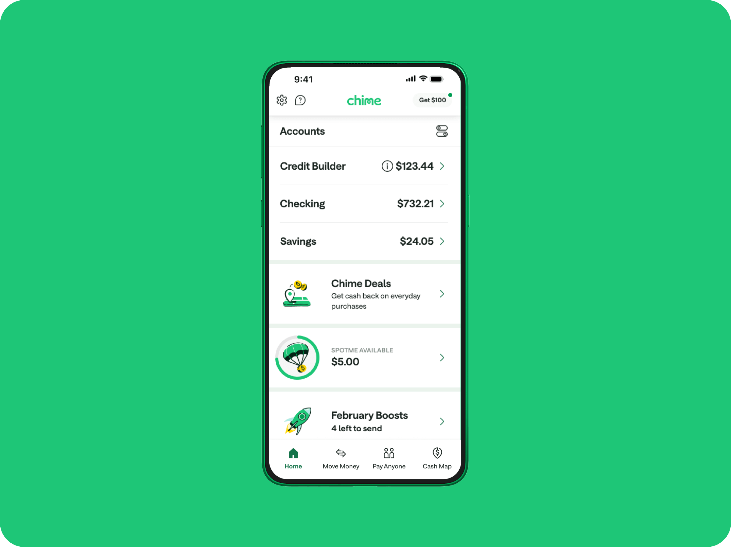 Credit Builder, Checking, and Savings accounts are all displayed in one convenient section.