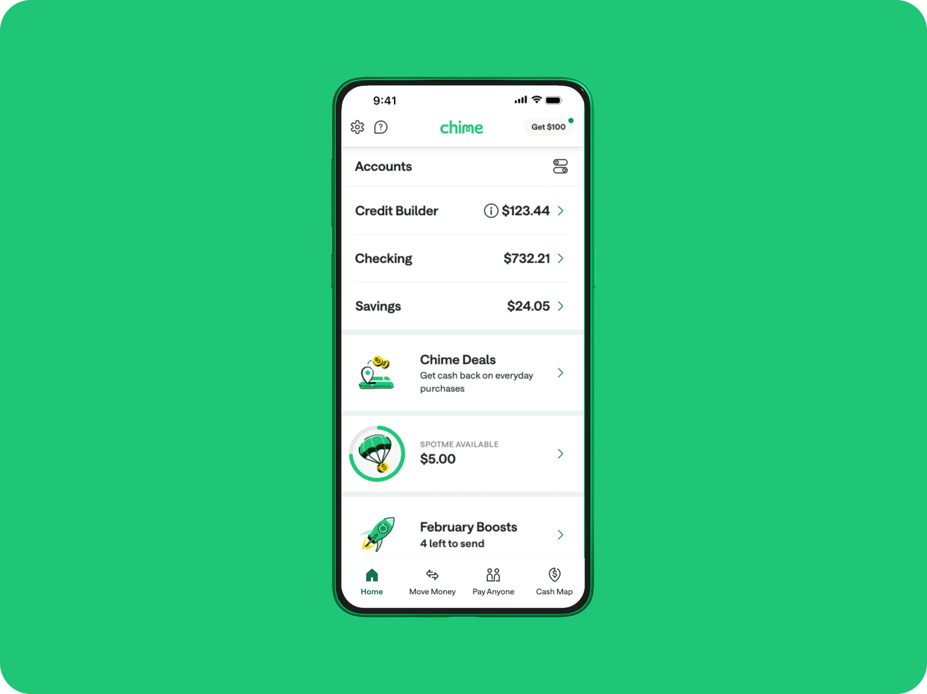 Credit Builder, Checking, and Savings accounts are all displayed in one convenient section.