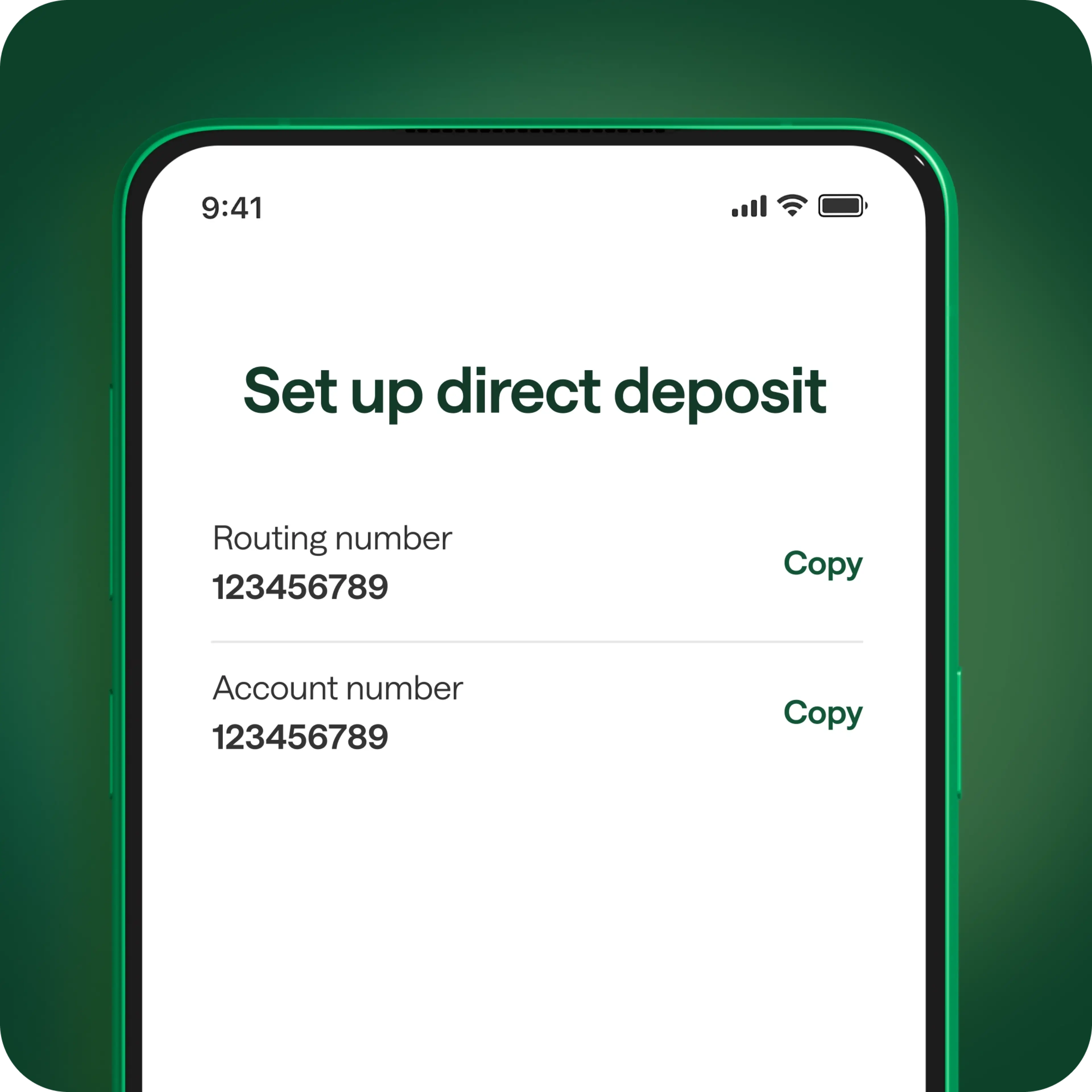 Mobile banking app screen showing "Set up direct deposit" page with routing and account numbers and copy buttons.