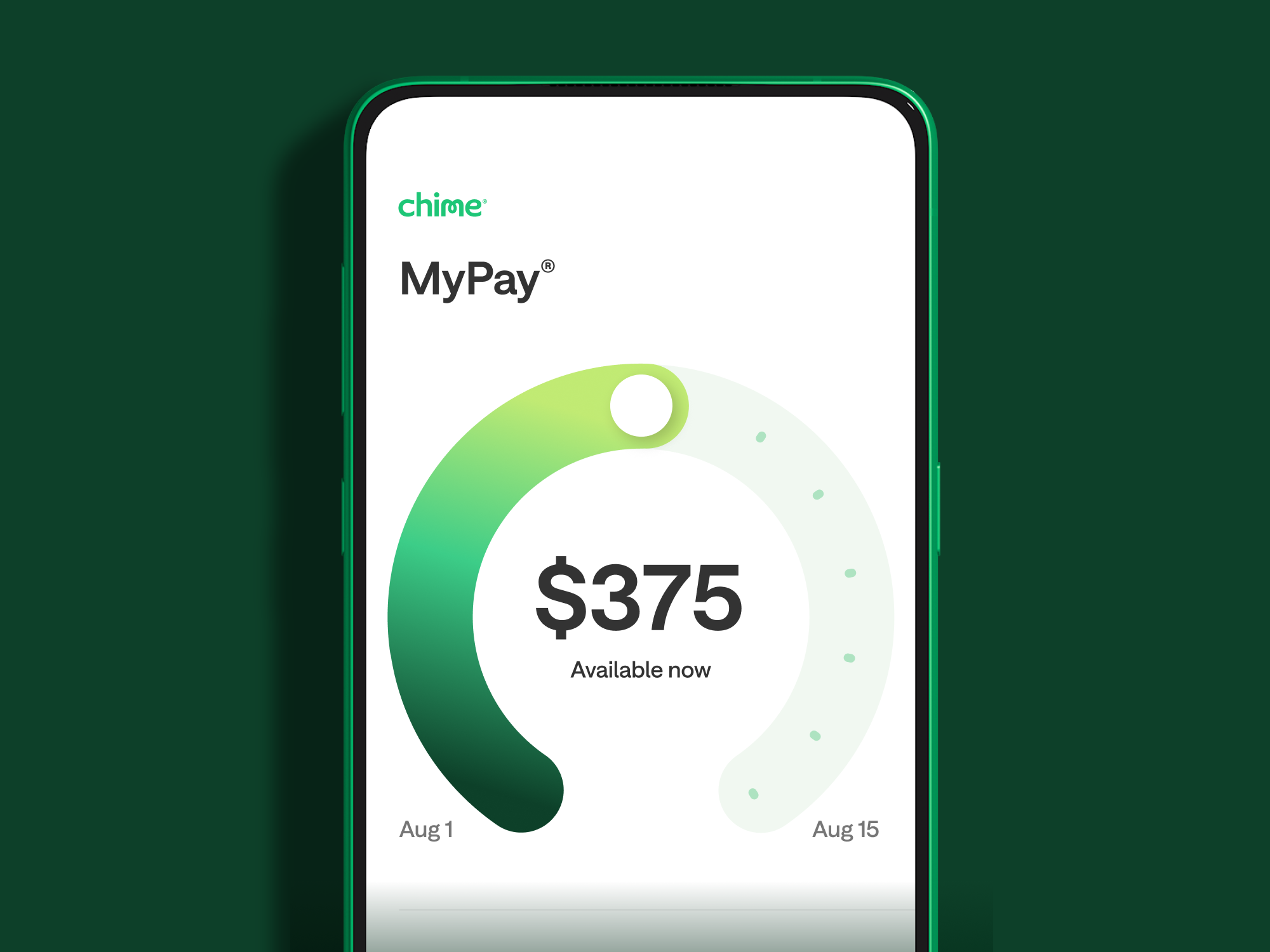 Chime app MyPay screen showing $375 available now, with a green circular progress indicator between Aug 1 and Aug 15.