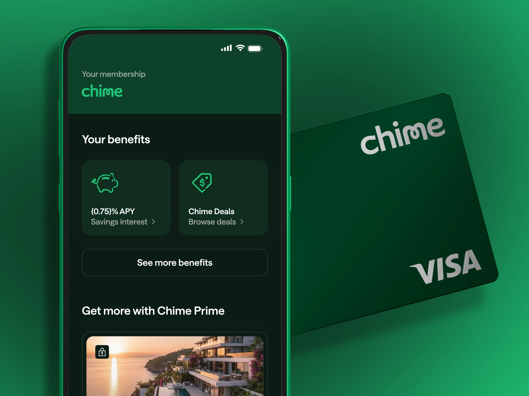 A phone with a Chime screen with a Chime card.