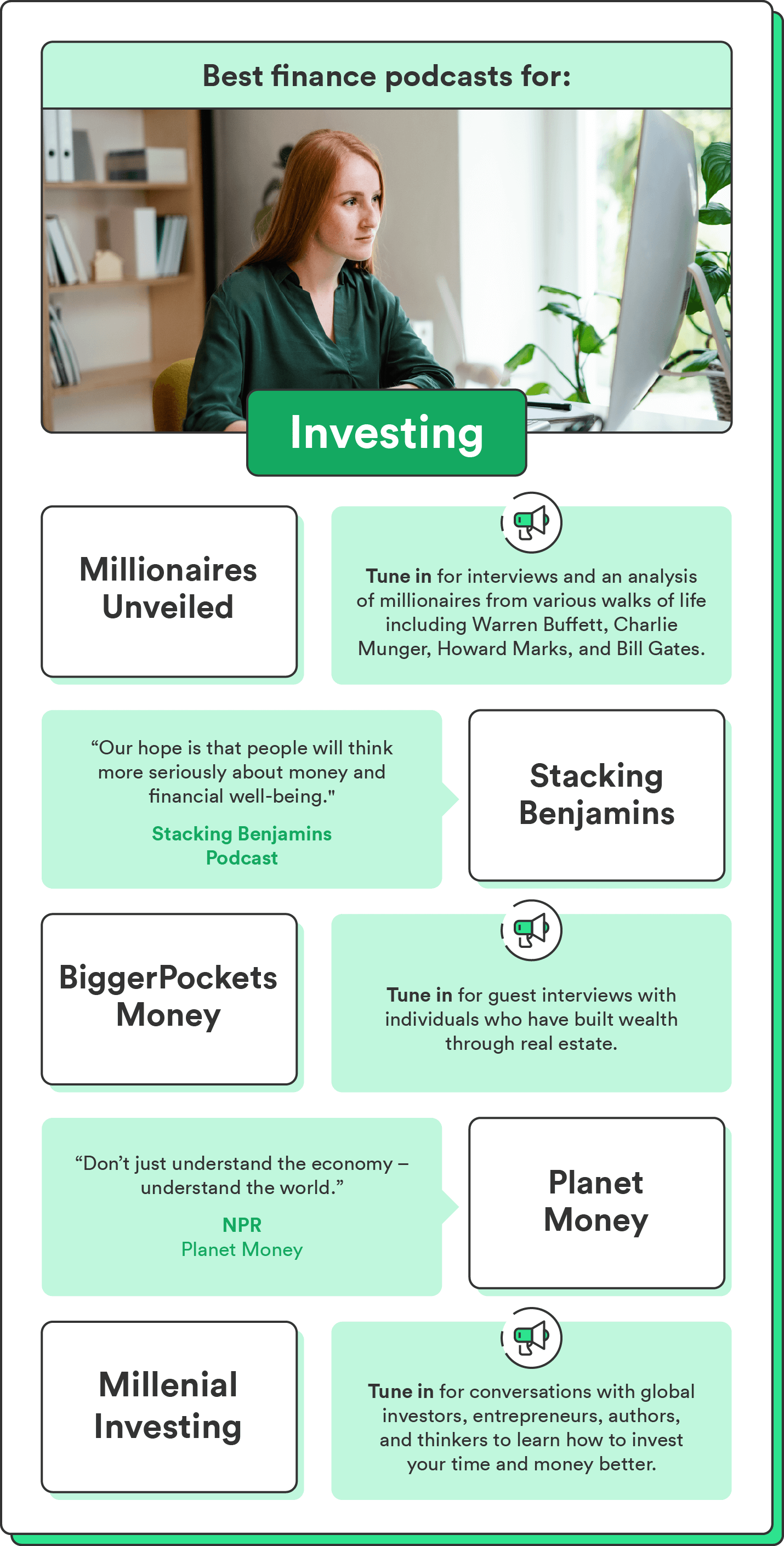 An image of a woman researching investing on her computer accompanies an illustrated list of the best podcasts for investing. 