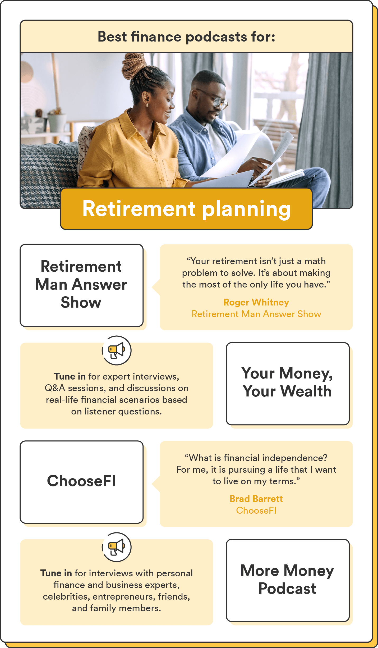 An image of a couple sitting on their couch while reviewing their finances accompanies an illustrated list of the best finance podcasts for retirement planning.