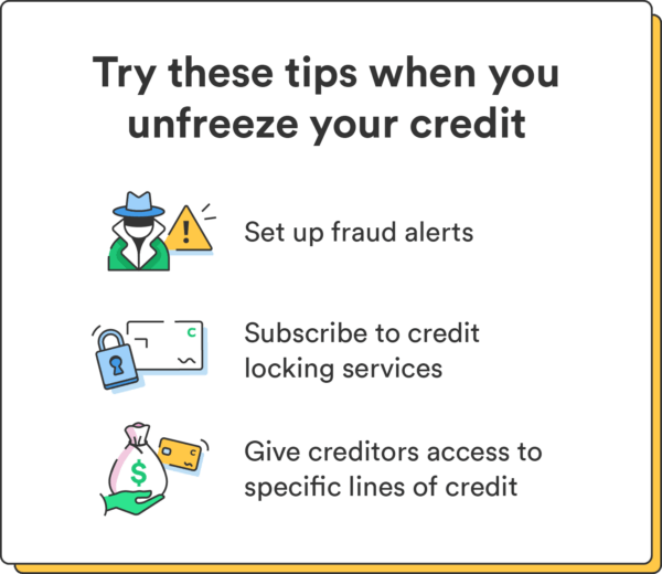 Three illustrated icons accompany three tips for unfreezing your credit.