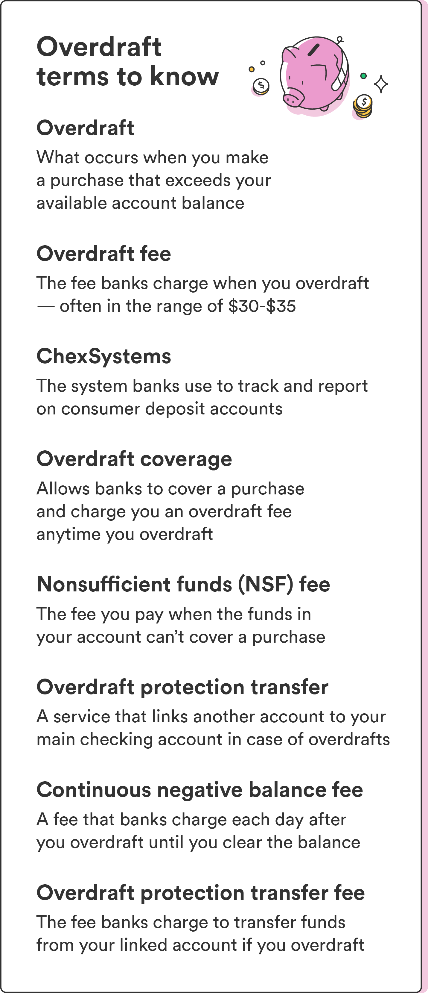 An illustration of a piggy bank accompanies an overview of overdraft terms to know.