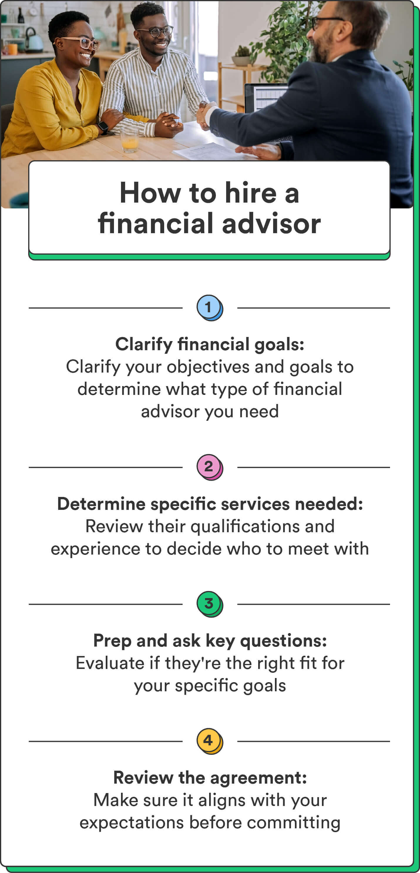 A photo of a man and a woman meeting with a financial advisor accompanies a list of four steps explaining how to hire a financial advisor. 