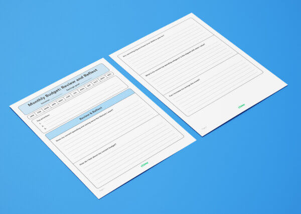 A mockup of a printable budget planner is shown. 