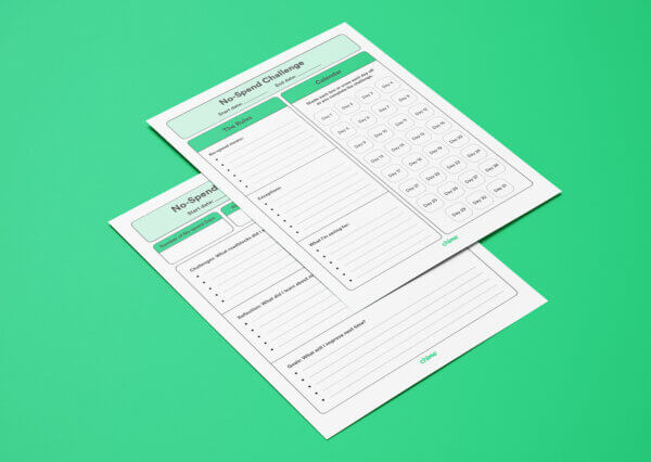 A mockup of a printable no-spend challenge template is shown. 