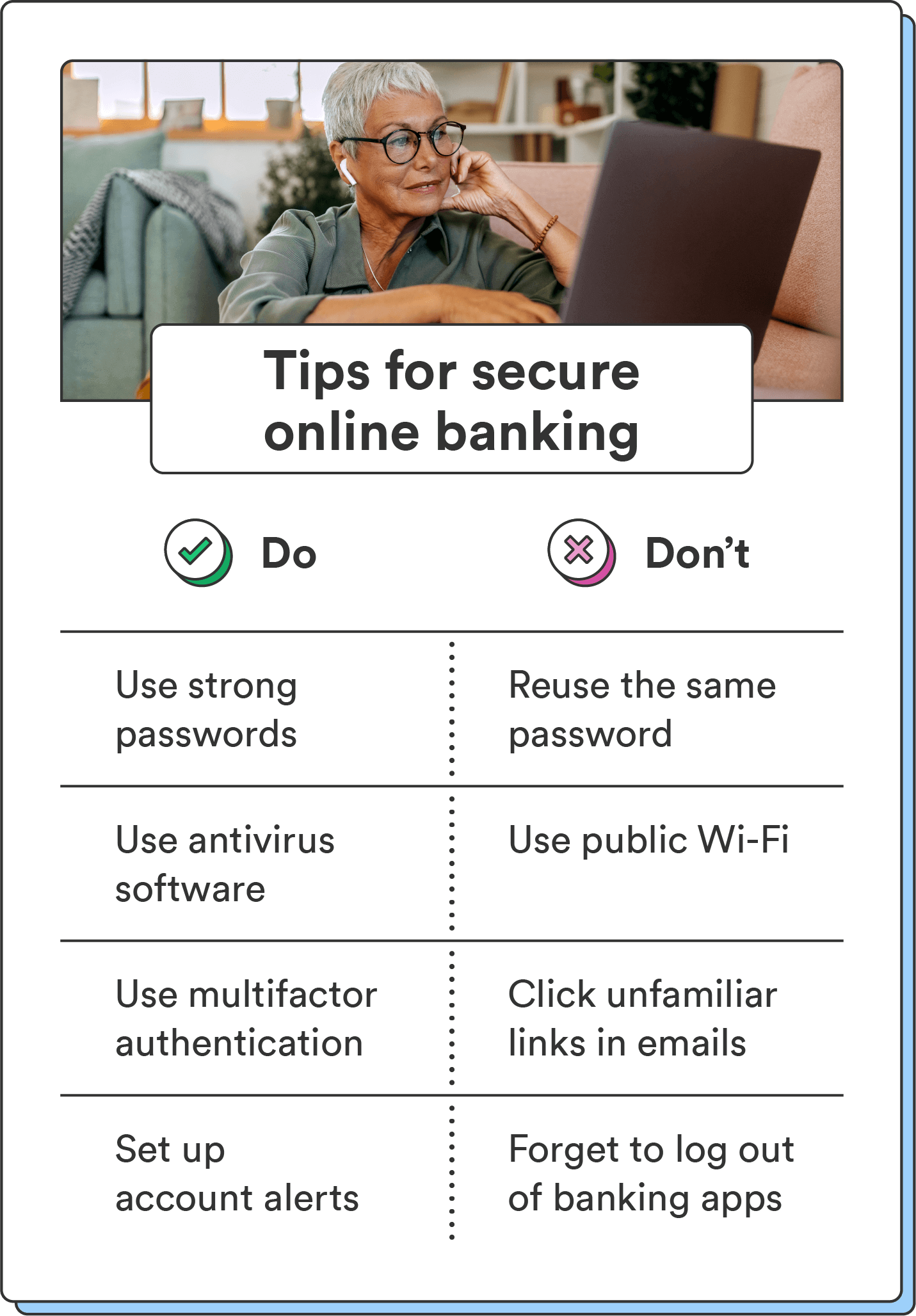 A dos and don’ts list spells out tips for banking safely online.