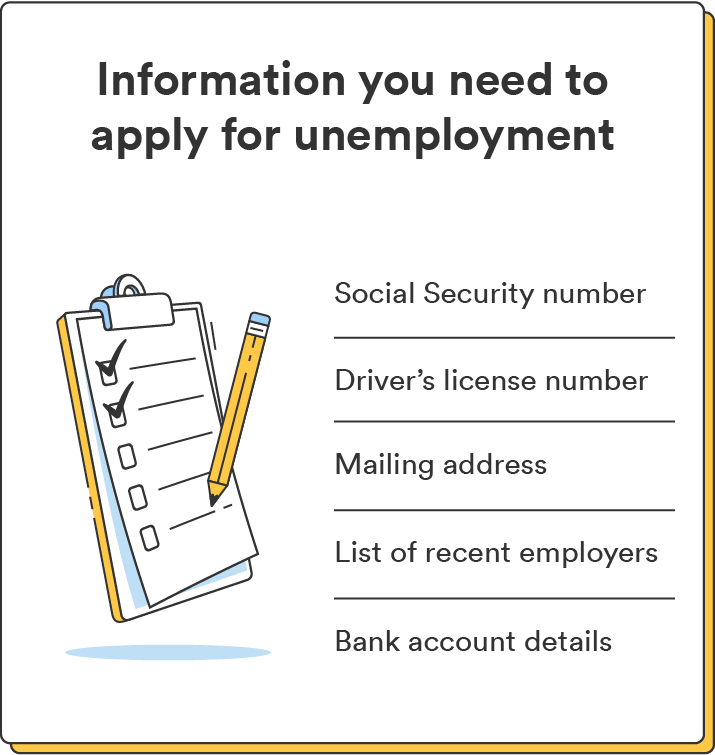  An illustration of a checklist on a clipboard accompanies a list of the information required to apply for unemployment.