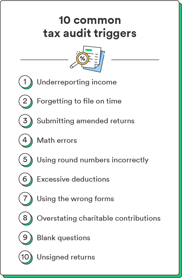 An illustrated numbered list breaks down ten common tax audit triggers.