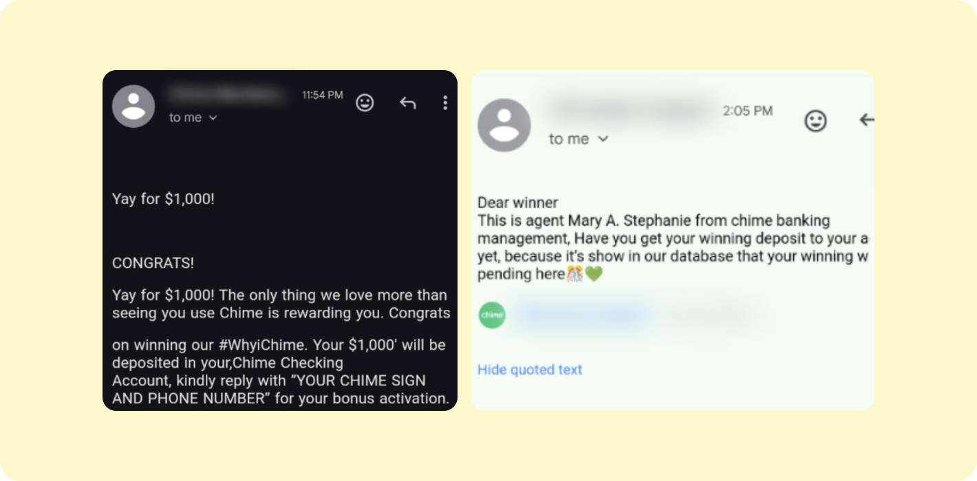 Sweepstakes scammers reach out to Chime members from suspicious display names like “Chimeteam Support”.