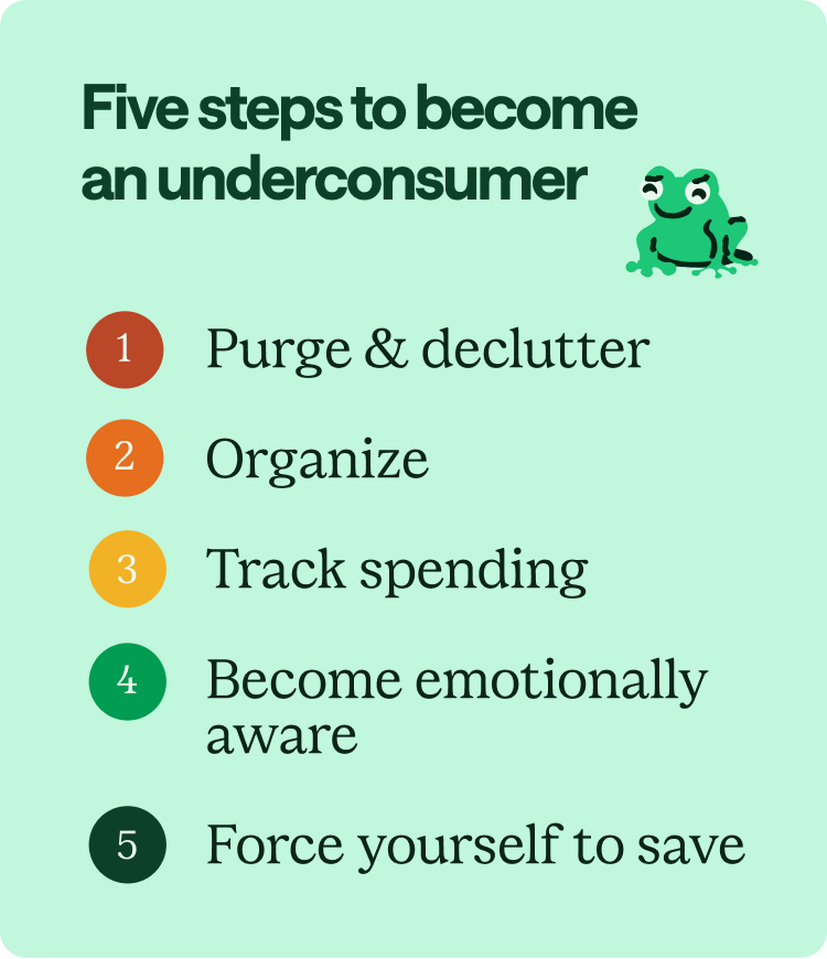 Five steps to become an underconsumer: Purge & declutter, organize, tracking spending, become emotionally aware, and force yourself to save.